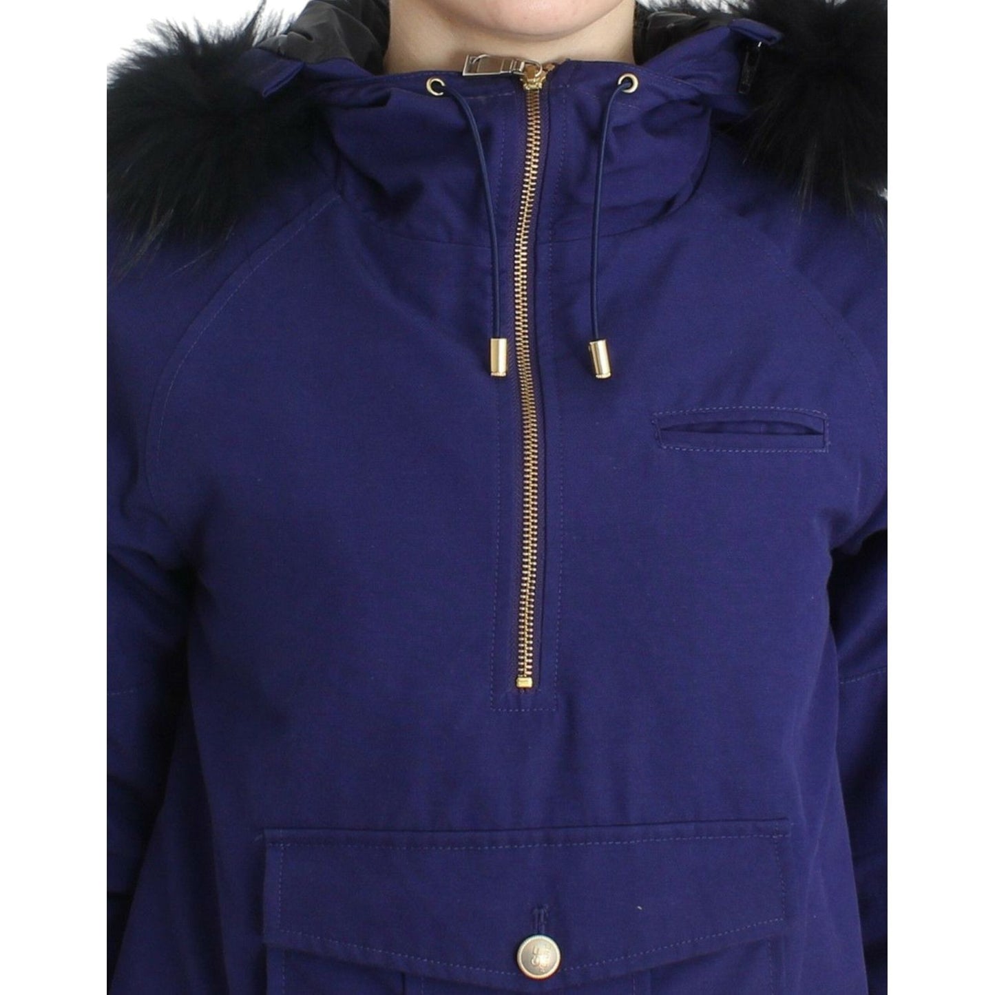 GF Ferre Chic Blue K-Way Jacket with Faux Fur Accent Coats & Jackets GF Ferre Midnight Blue