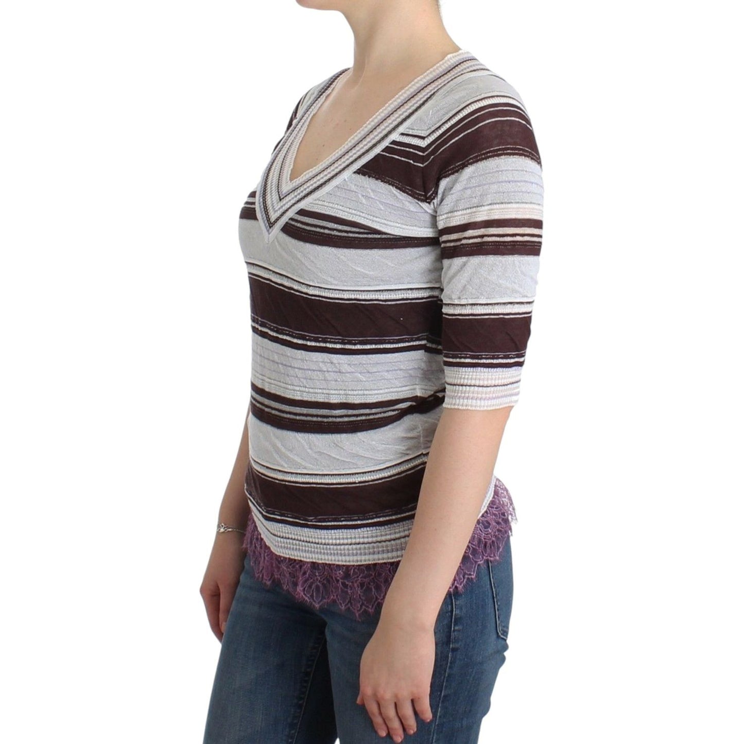 Ermanno Scervino Striped V-Neck Knit Top with Lace Hem Ermanno Scervino Dark Gray