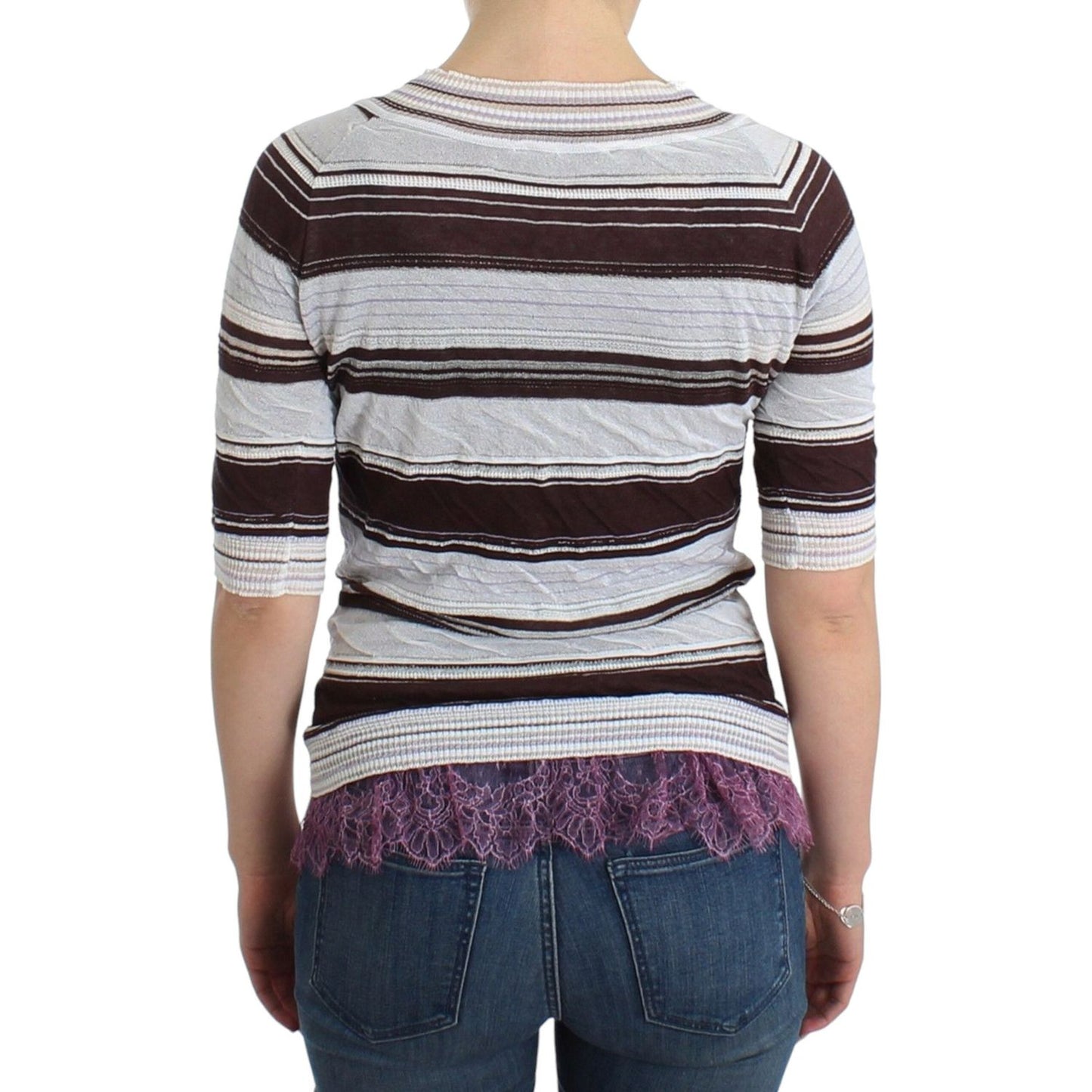 Ermanno Scervino Striped V-Neck Knit Top with Lace Hem Ermanno Scervino Dark Slate Gray