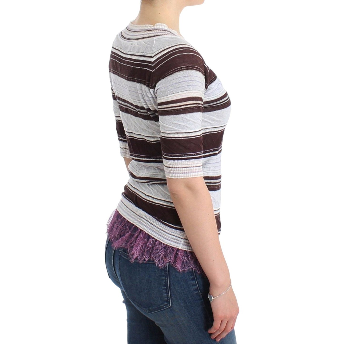 Ermanno Scervino Striped V-Neck Knit Top with Lace Hem Ermanno Scervino Gray