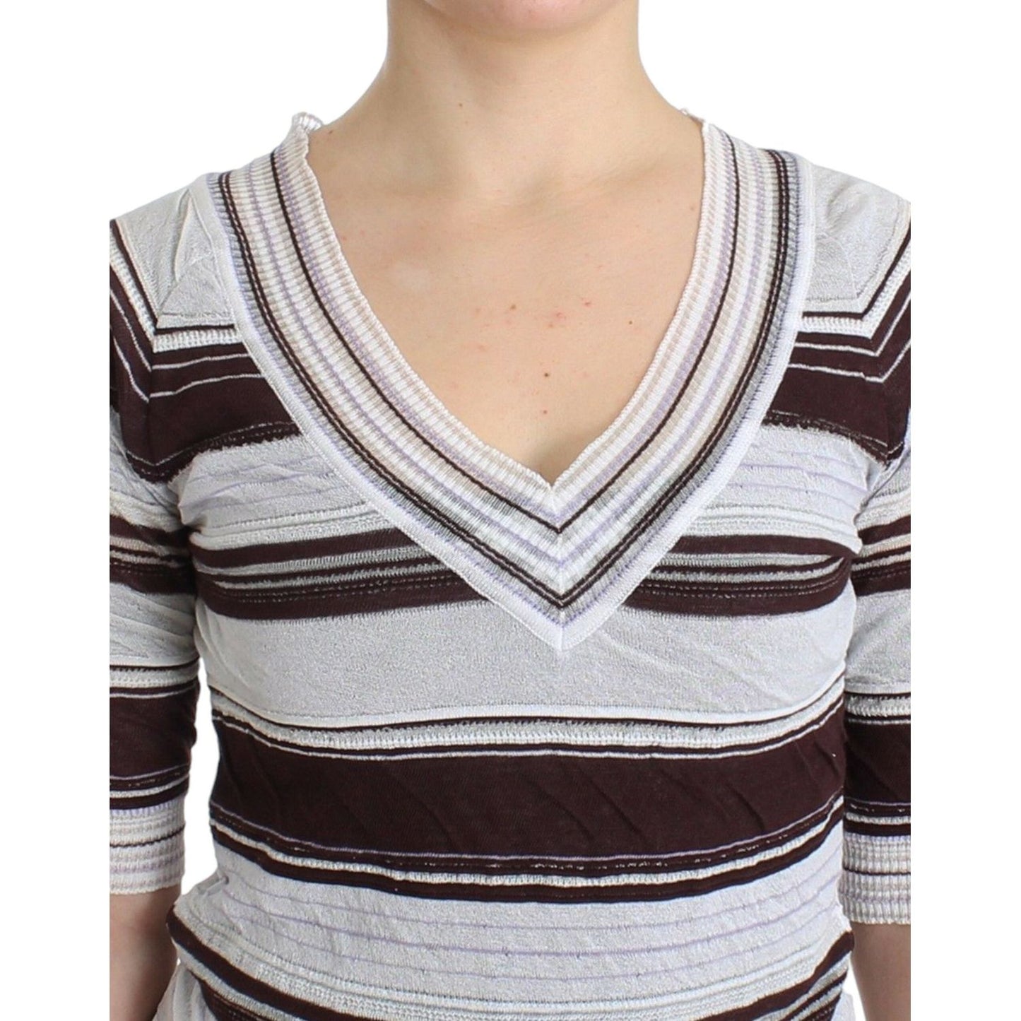 Ermanno Scervino Striped V-Neck Knit Top with Lace Hem Ermanno Scervino Gray