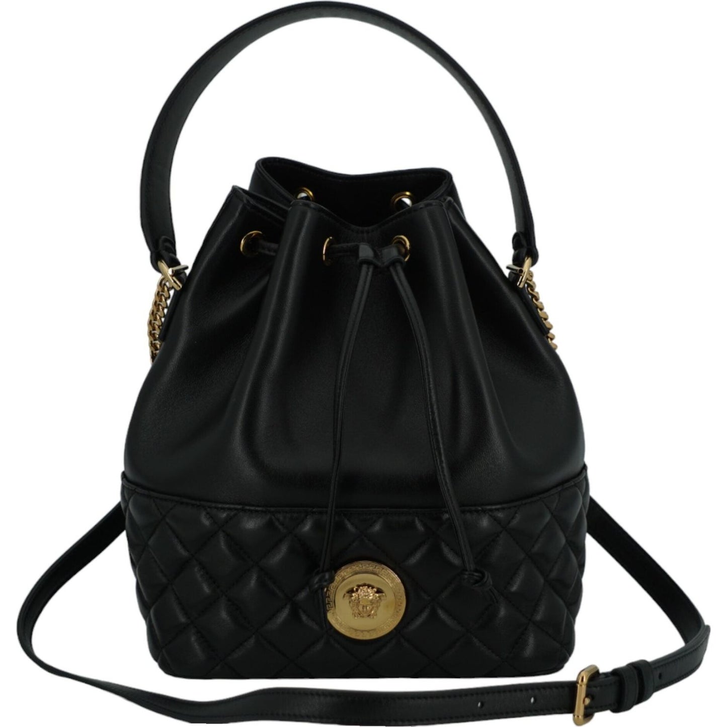 Versace Elegant Black Leather Medusa Bucket Shoulder Bag Versace Black