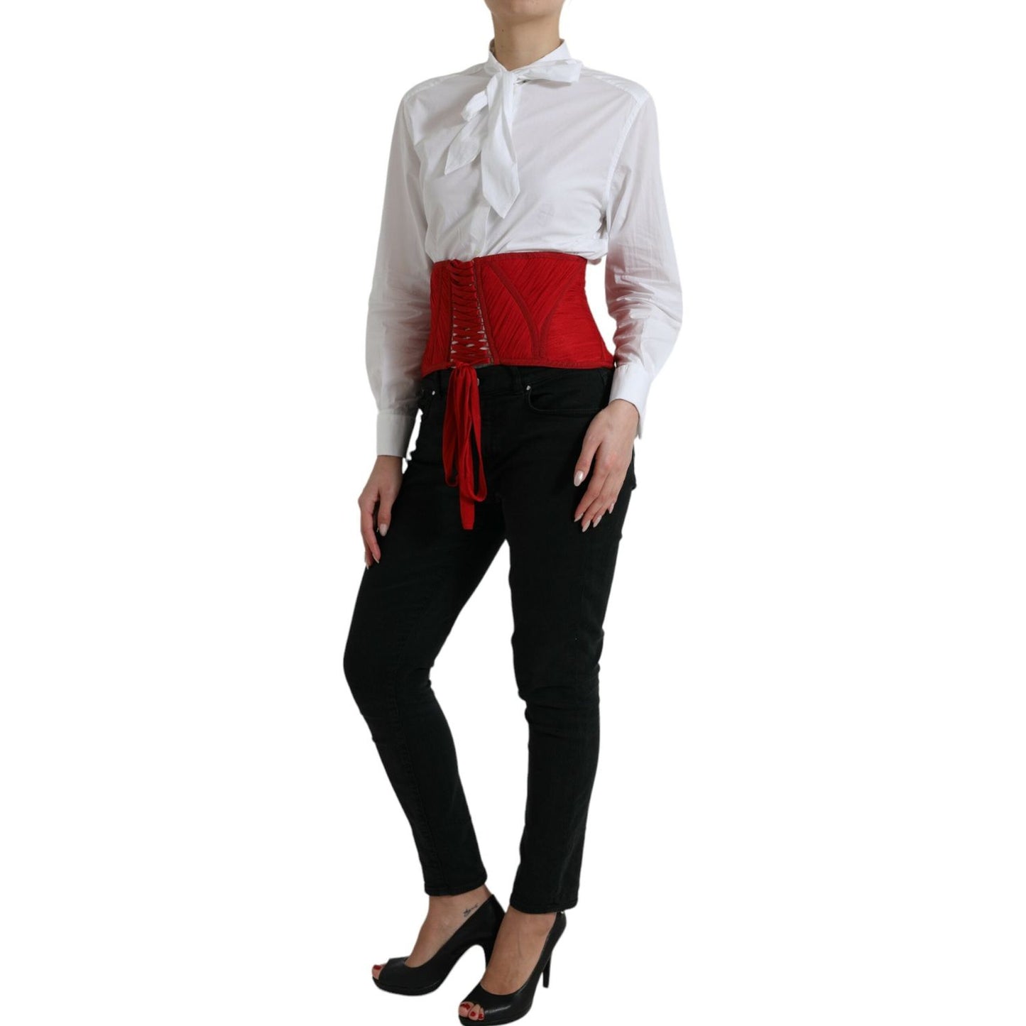 Dolce & Gabbana Silk Corset Waist Belt in Fiery Red Dolce & Gabbana Light Gray