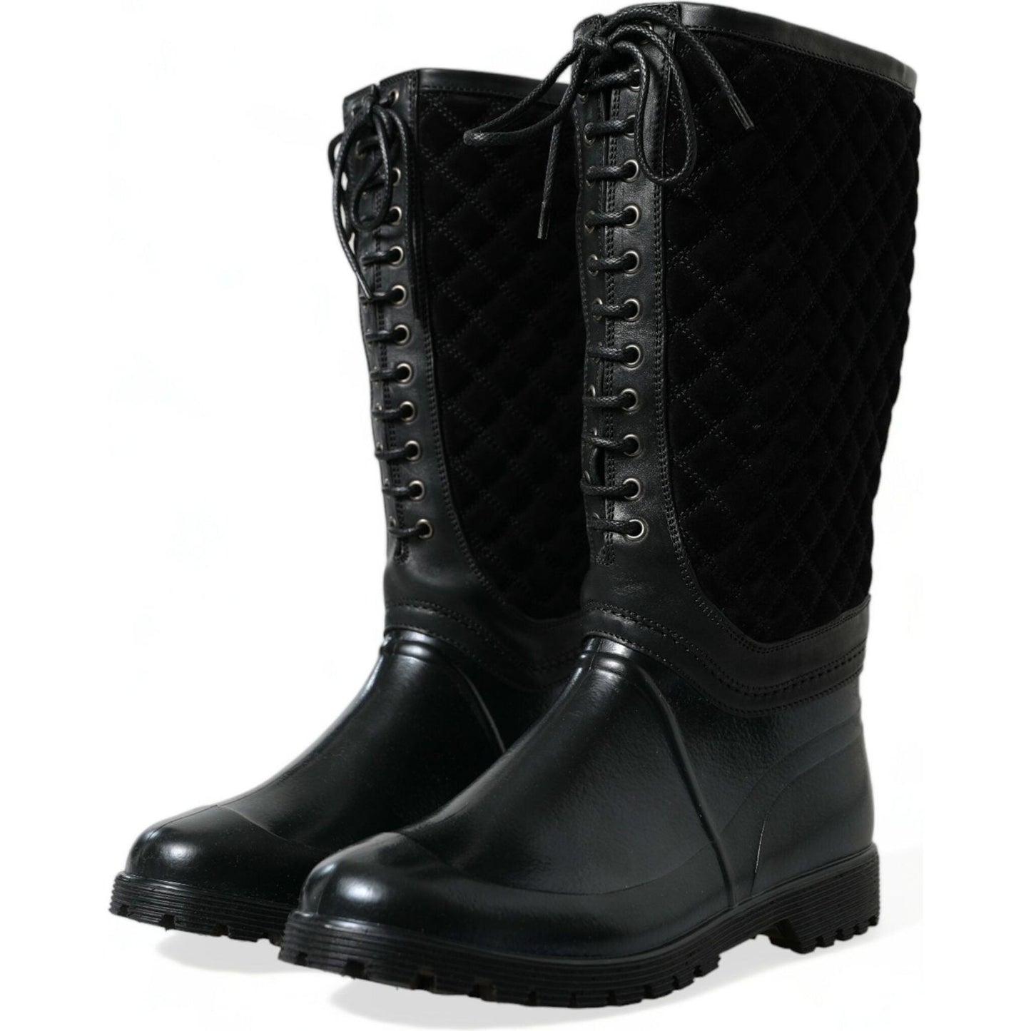Dolce & Gabbana Elegant Quilted Lace-Up Rain Boots Dolce & Gabbana Black