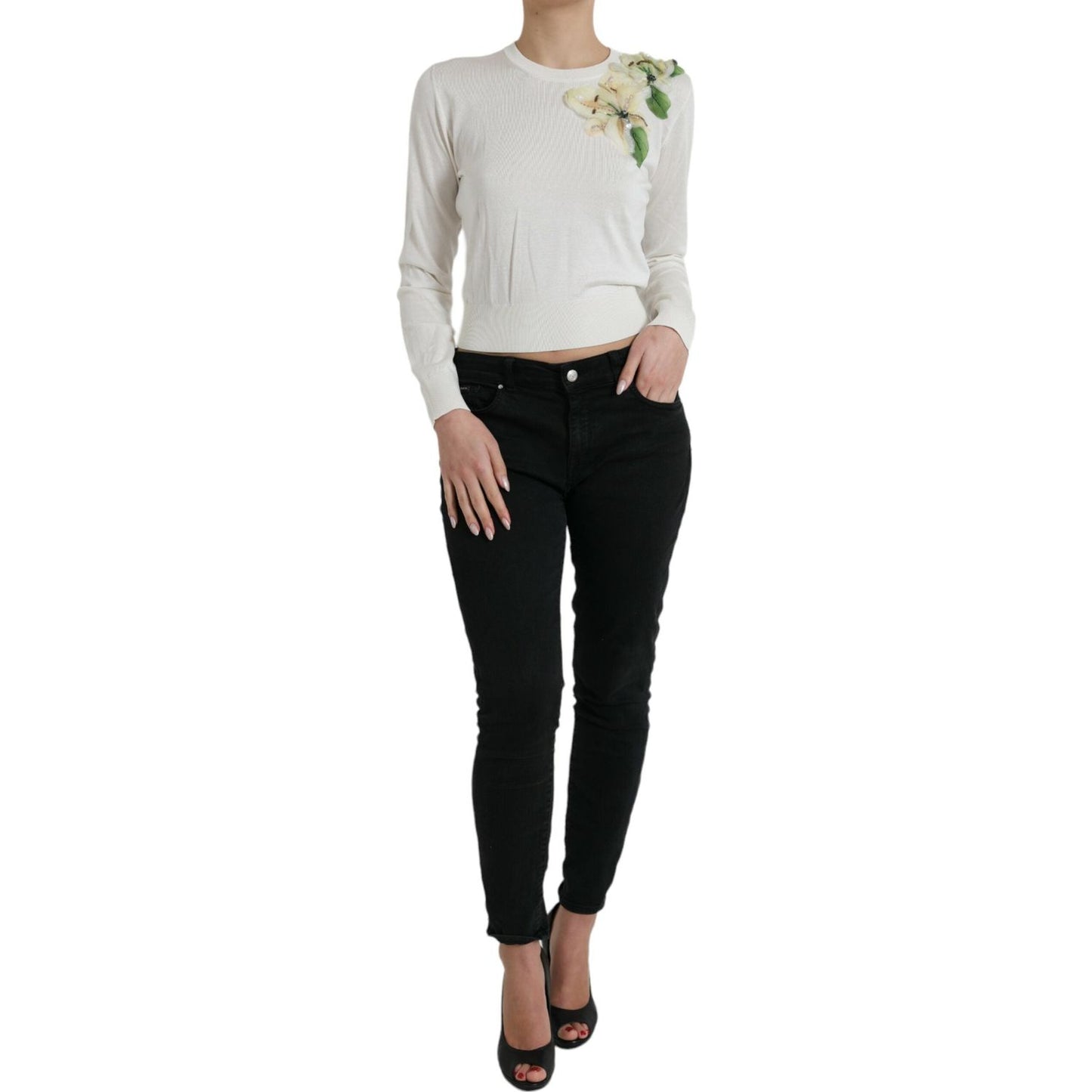 Dolce & Gabbana Silk Floral Applique Pullover Sweater Dolce & Gabbana Black