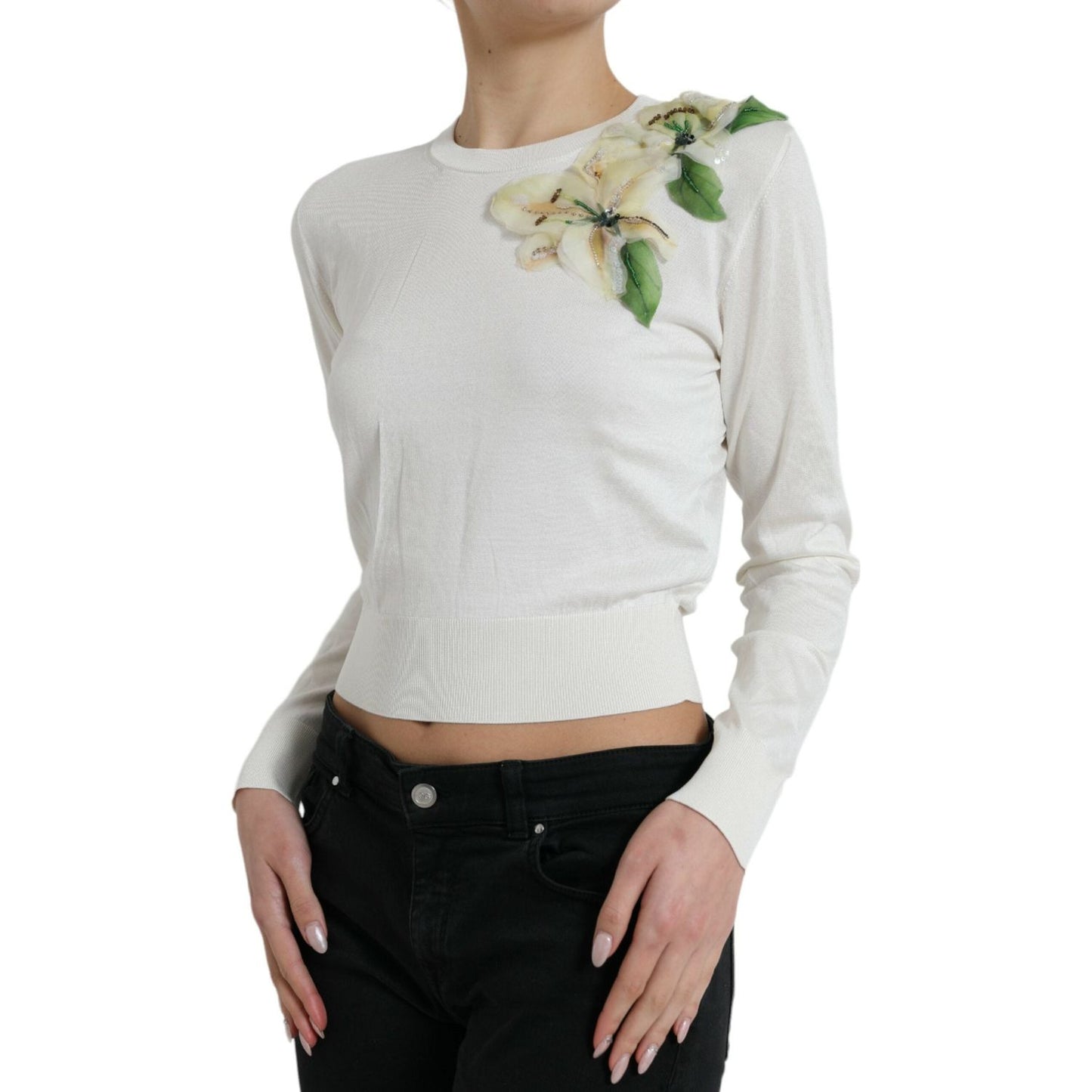 Dolce & Gabbana Silk Floral Applique Pullover Sweater Dolce & Gabbana Gray