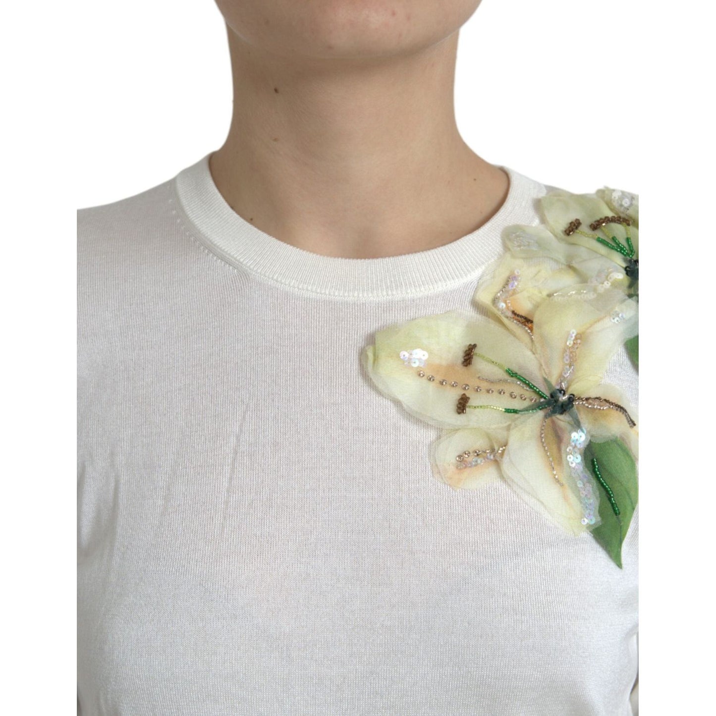 Dolce & Gabbana Silk Floral Applique Pullover Sweater Dolce & Gabbana Gray