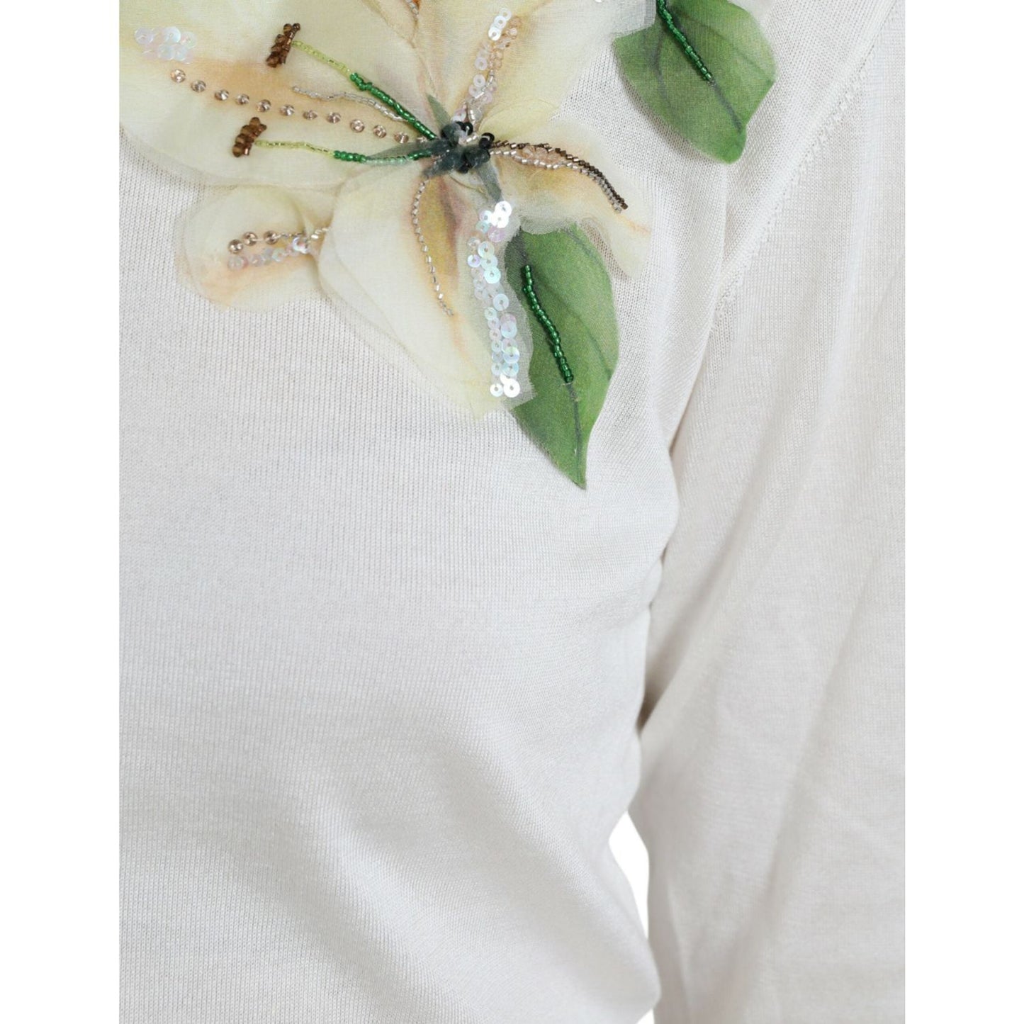 Dolce & Gabbana Silk Floral Applique Pullover Sweater Dolce & Gabbana Light Gray