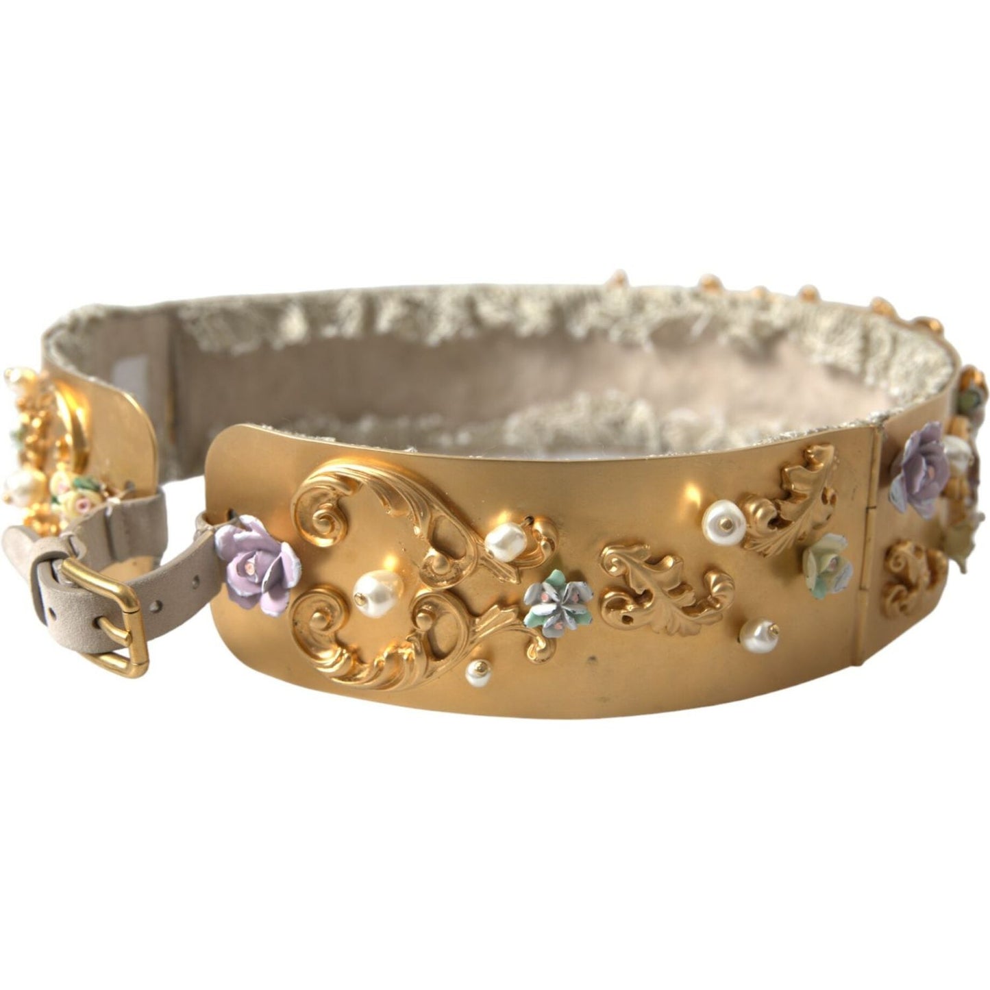 Dolce & Gabbana Elegant Gold-Tone Faux Pearl Floral Belt Dolce & Gabbana Rosy Brown