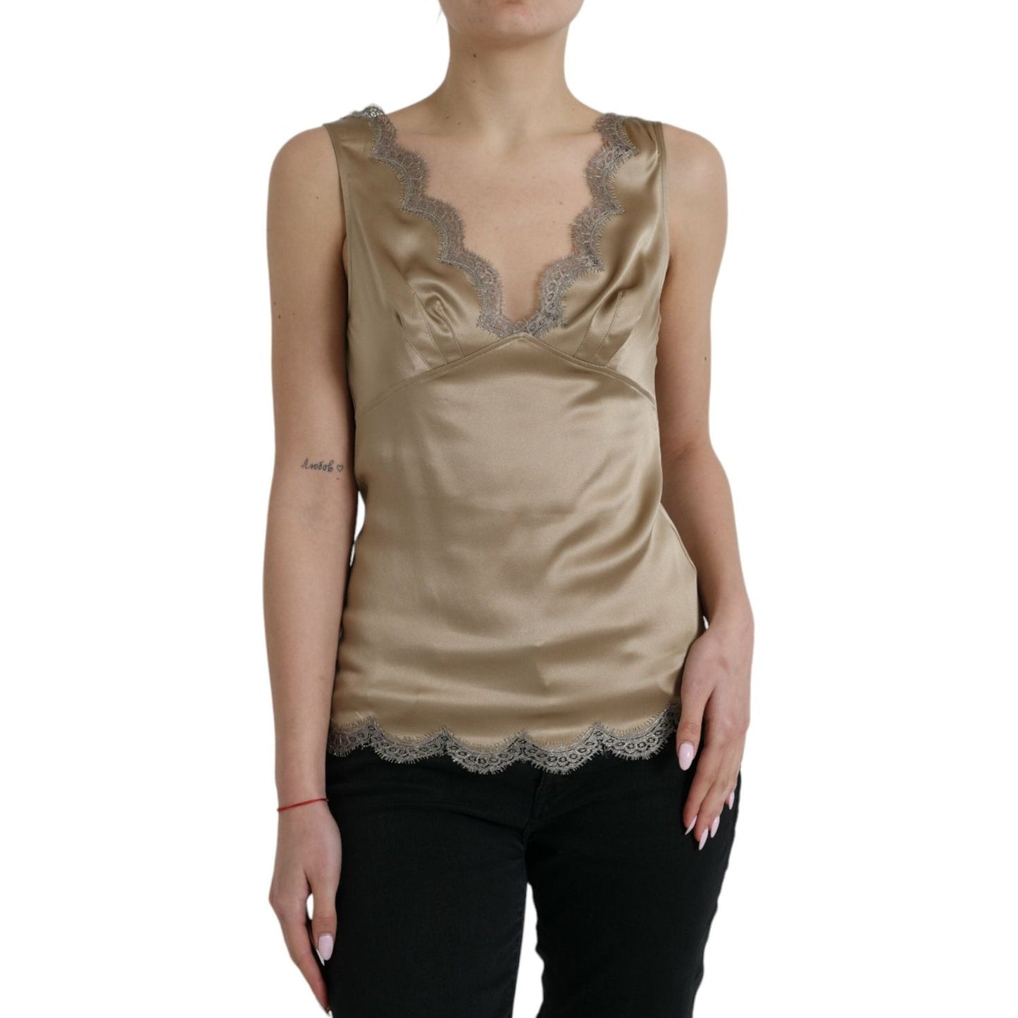 Dolce & Gabbana Elegant V-Neck Sleeveless Lace Trim Top Dolce & Gabbana Rosy Brown