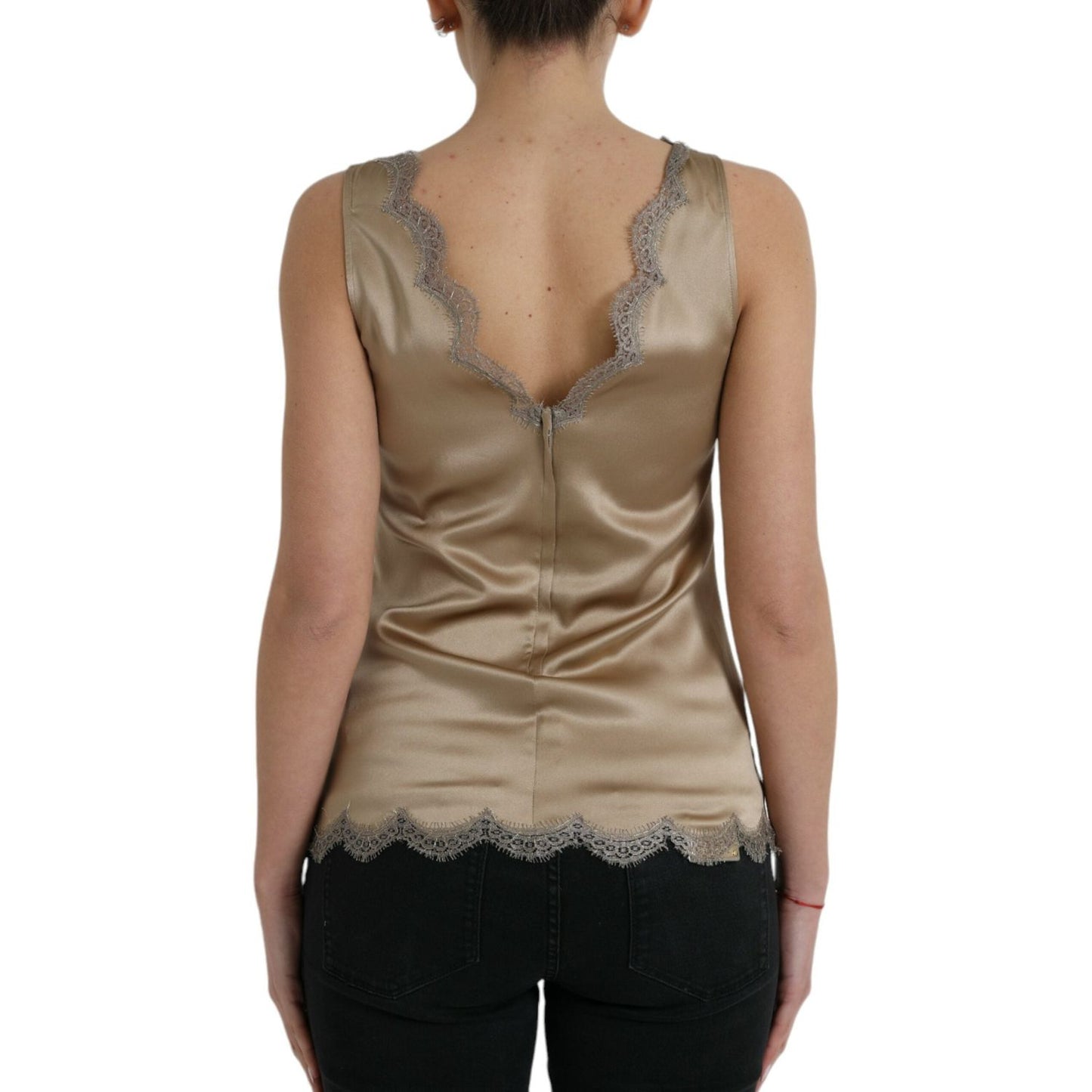 Dolce & Gabbana Elegant V-Neck Sleeveless Lace Trim Top Dolce & Gabbana Dim Gray