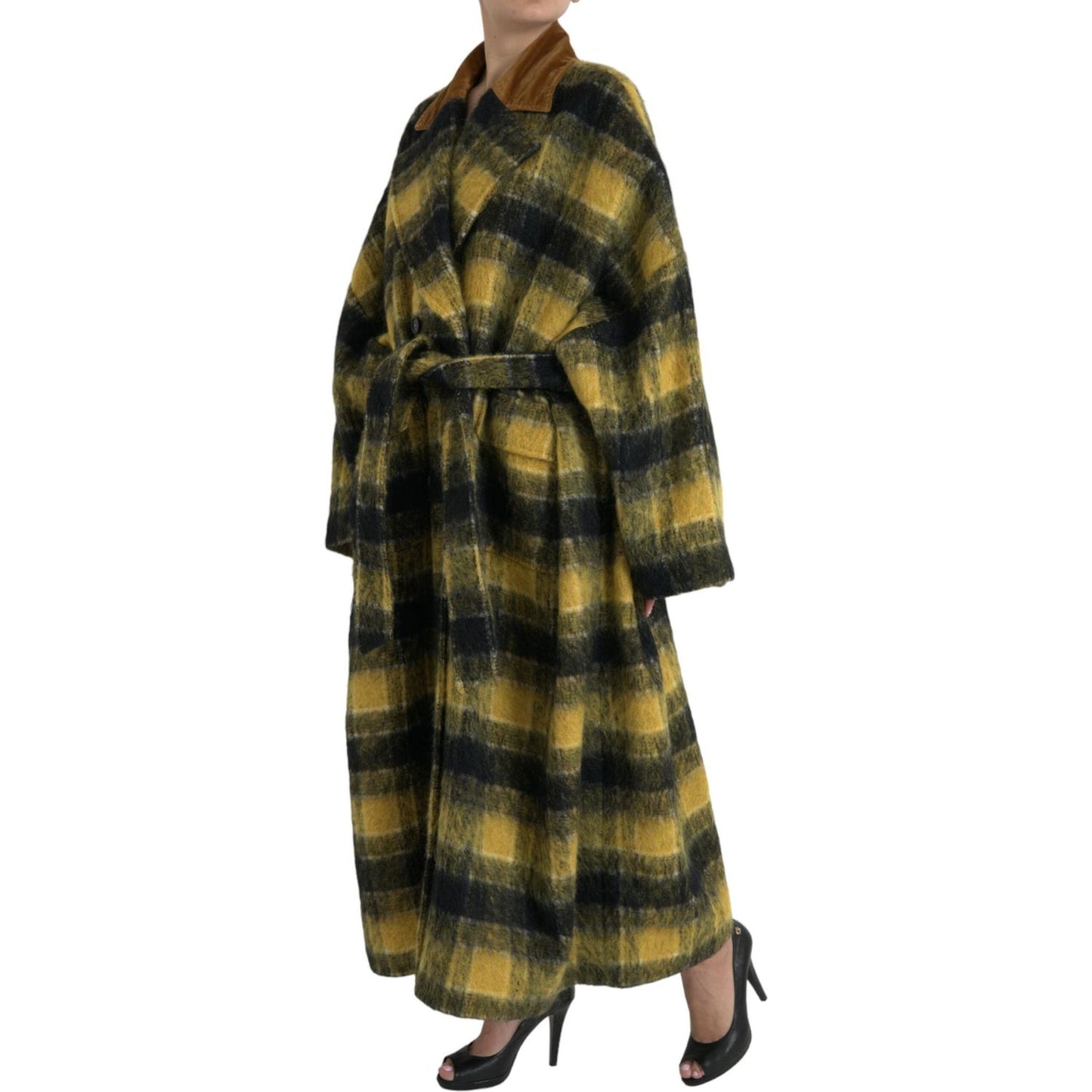 Dolce & Gabbana Chic Checkered Long Trench Coat in Sunny Yellow Dolce & Gabbana Dark Slate Gray