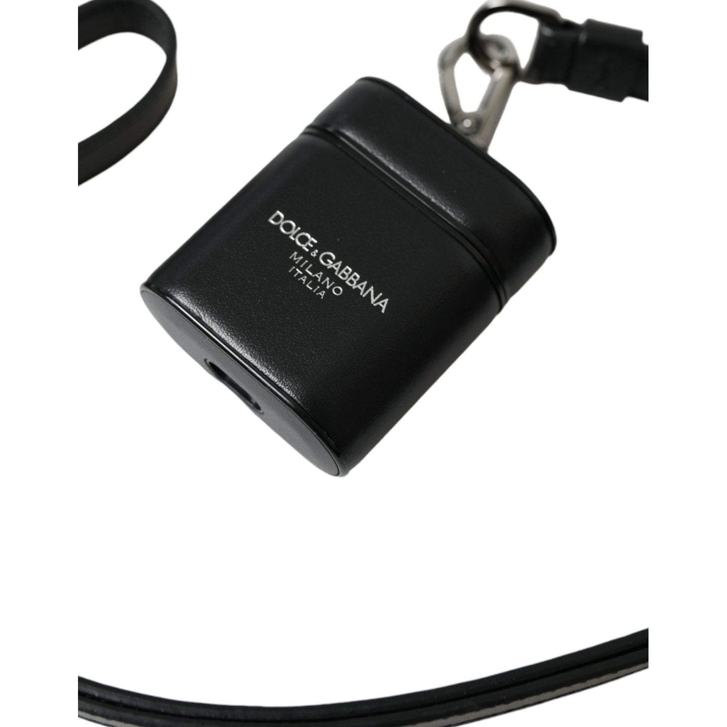 Dolce & Gabbana Black Leather Strap Silver Metal Logo Printed Airpods Case Dolce & Gabbana Black