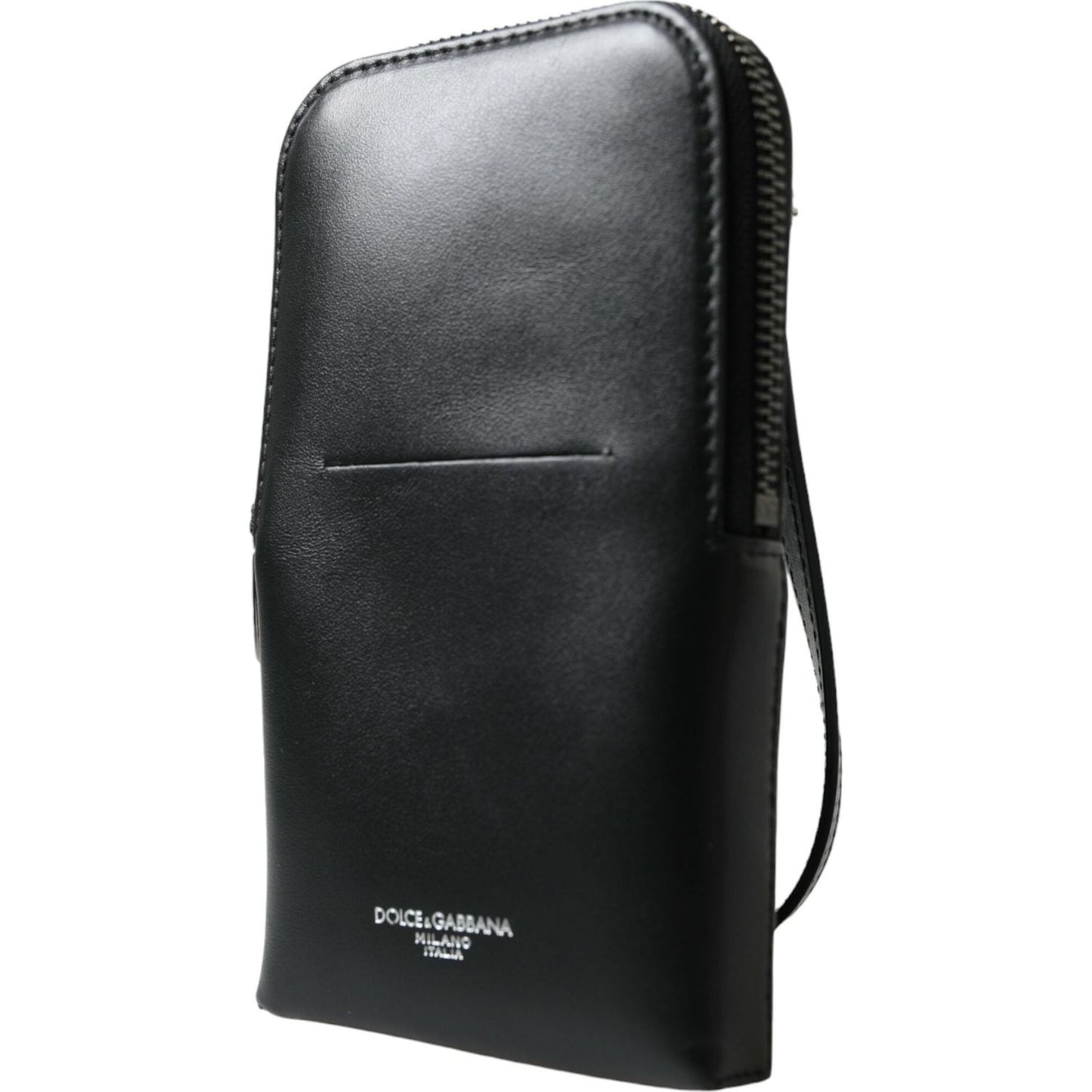 Dolce & Gabbana Black Leather Zip Around Logo Print Lanyard Strap Wallet Dolce & Gabbana Dark Slate Gray