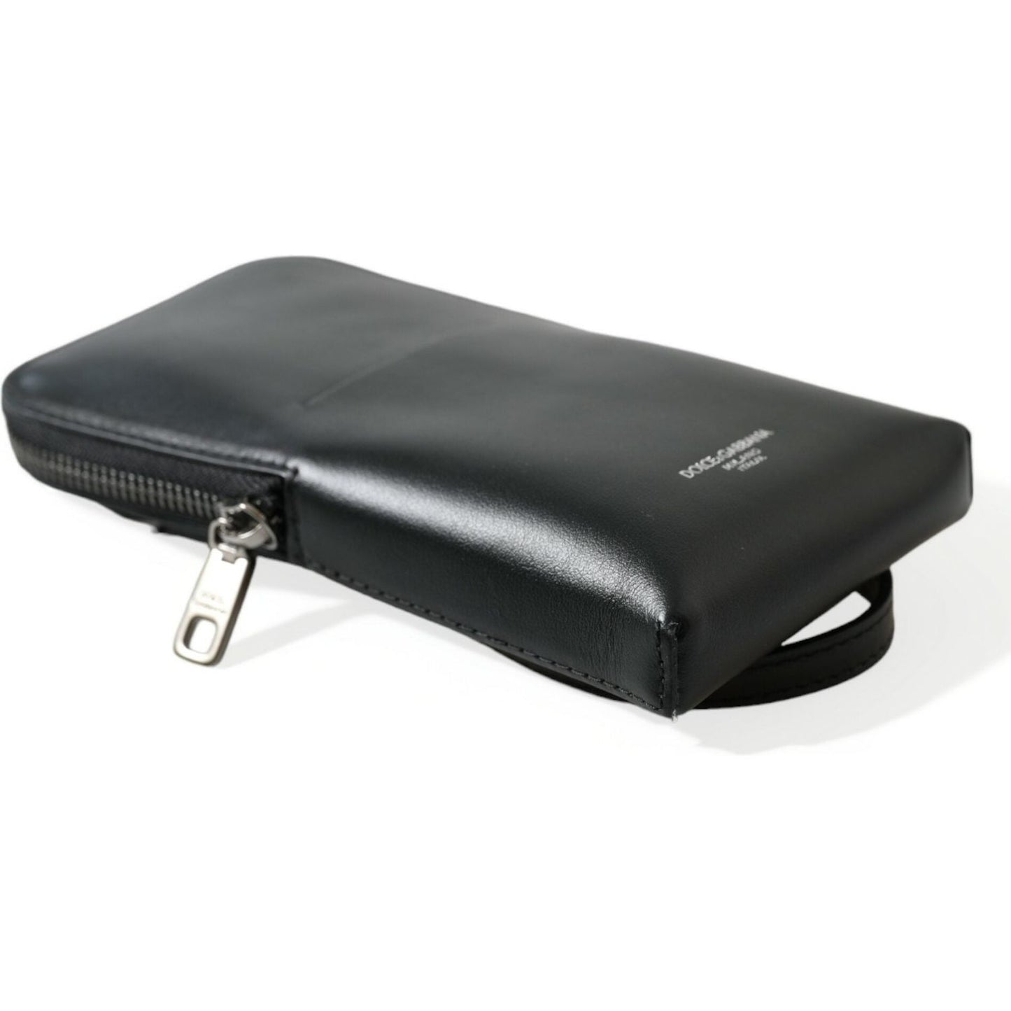 Dolce & Gabbana Black Leather Zip Around Logo Print Lanyard Strap Wallet Dolce & Gabbana Dark Slate Gray