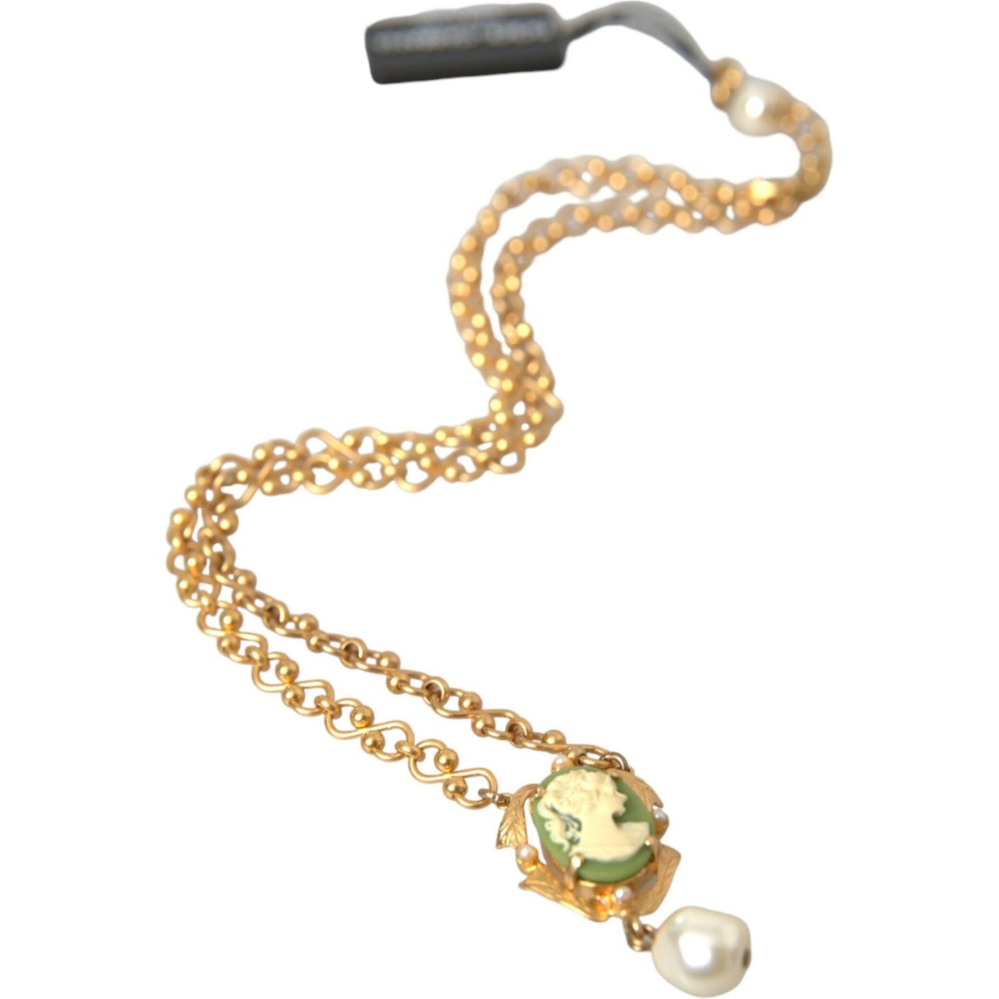 Dolce & Gabbana Gold Brass Chain Pearl Pendant Charm Necklace Necklace Dolce & Gabbana Tan