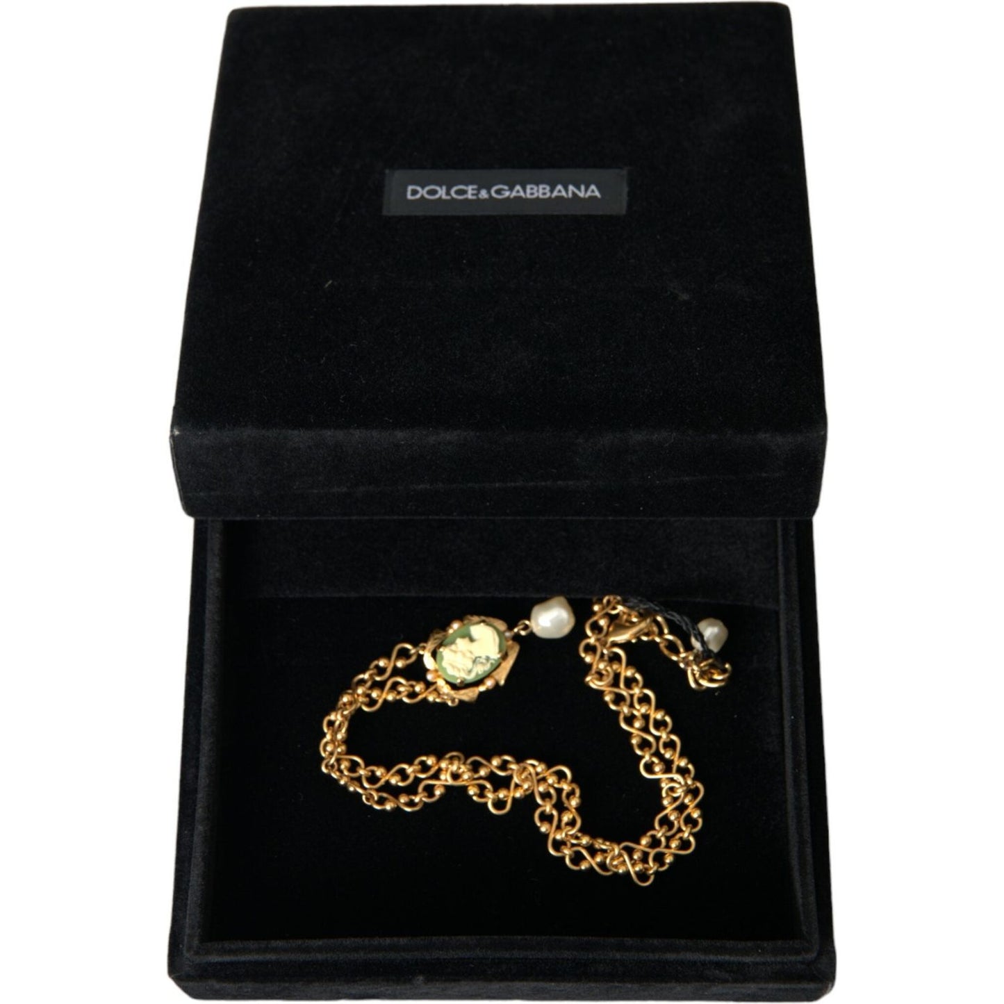 Dolce & Gabbana Gold Brass Chain Pearl Pendant Charm Necklace Necklace Dolce & Gabbana Black