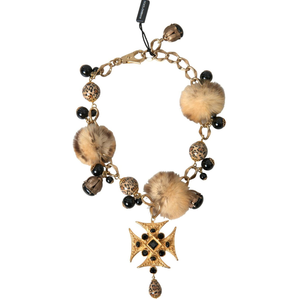 Dolce & Gabbana Gold Black Crystals Lapin Fur Filigree Chocker Necklace Necklace Dolce & Gabbana Rosy Brown