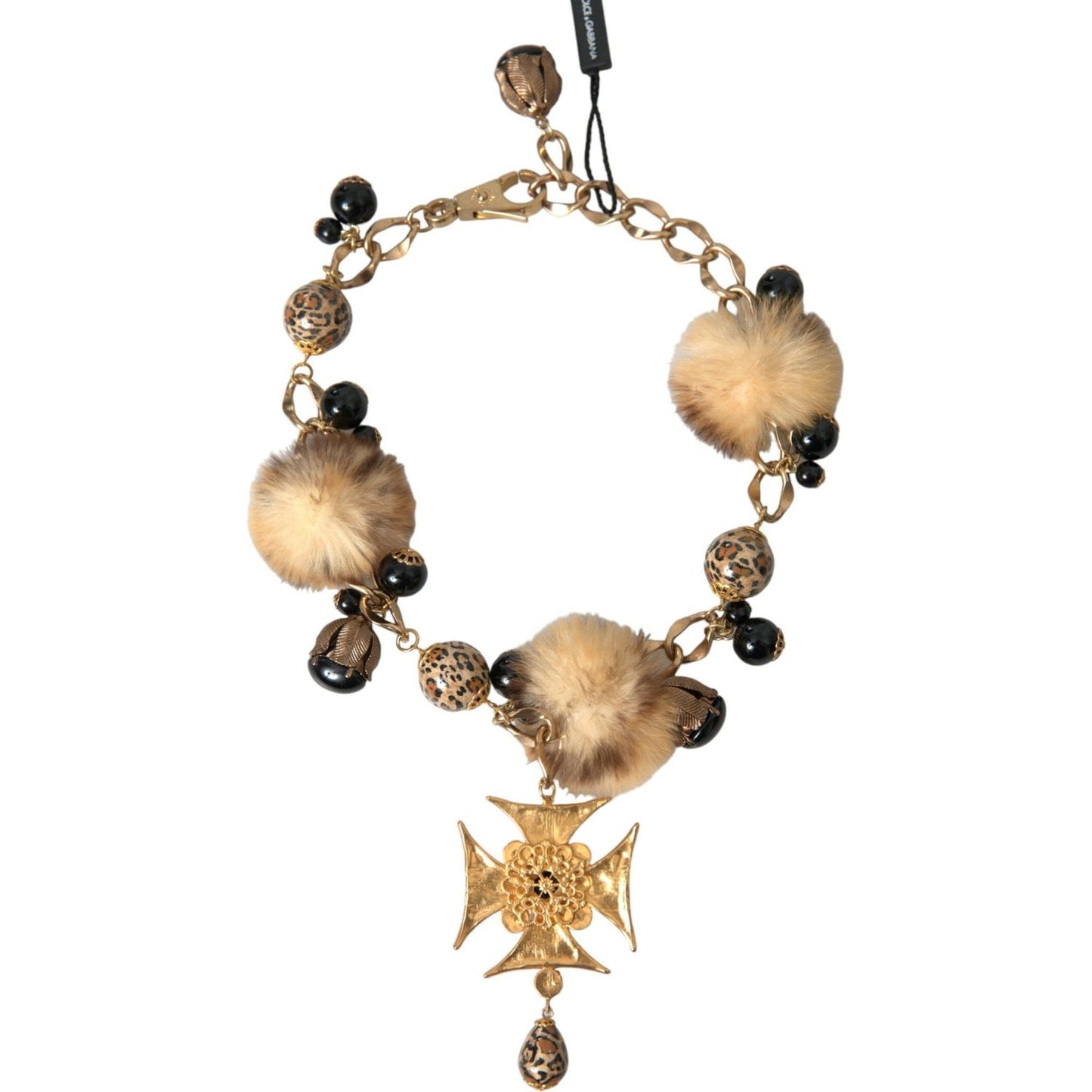 Dolce & Gabbana Gold Black Crystals Lapin Fur Filigree Chocker Necklace Necklace Dolce & Gabbana Rosy Brown
