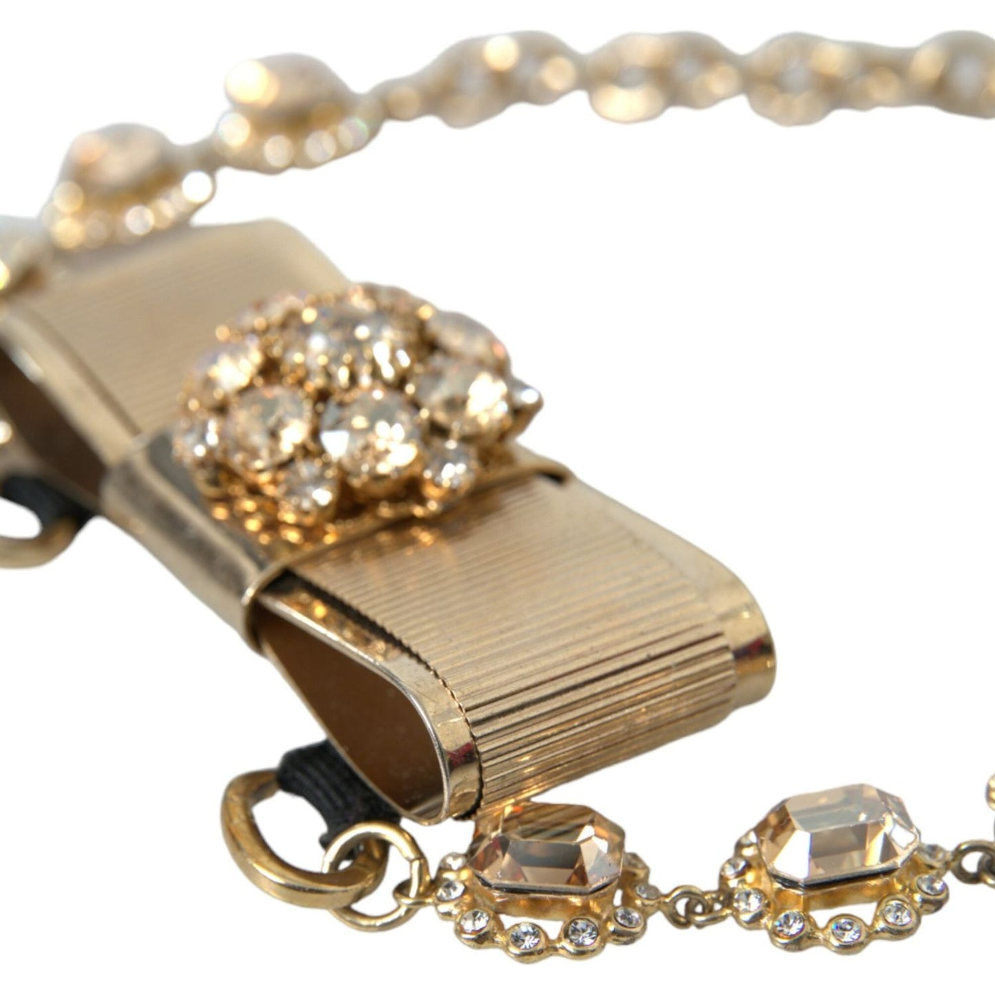 Dolce & Gabbana Gold Brass Clear Crystal Bow Chain Choker Necklace Necklace Dolce & Gabbana Rosy Brown