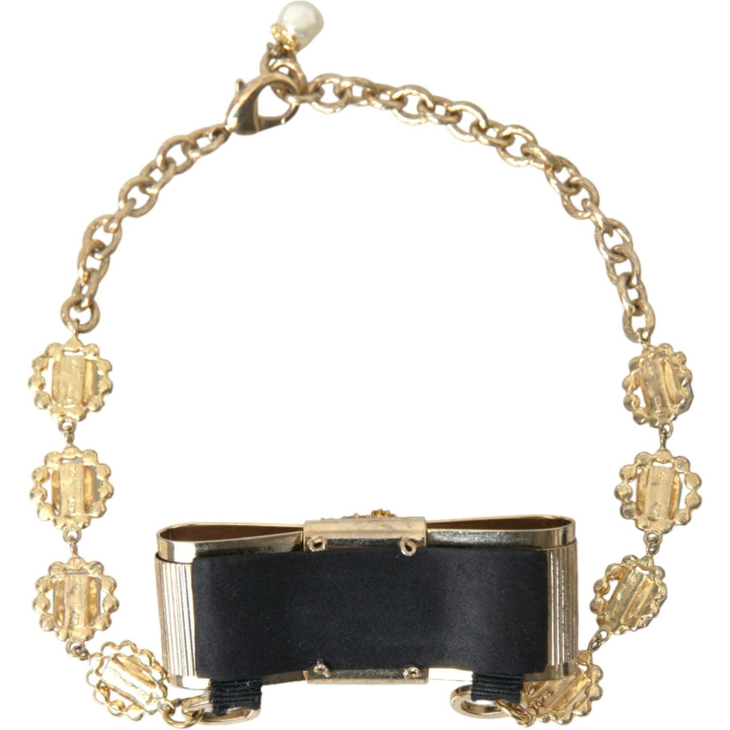 Dolce & Gabbana Gold Brass Clear Crystal Bow Chain Choker Necklace Necklace Dolce & Gabbana Tan