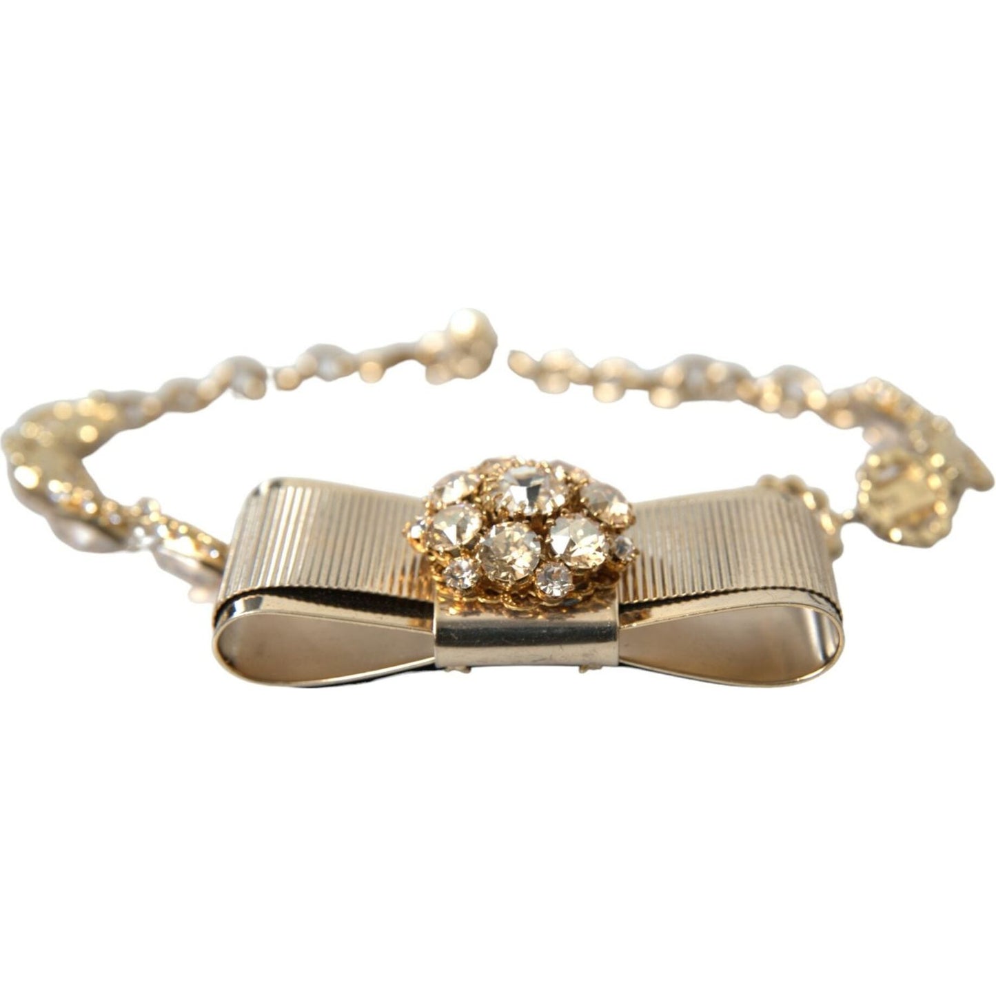 Dolce & Gabbana Gold Brass Clear Crystal Bow Chain Choker Necklace Necklace Dolce & Gabbana Rosy Brown