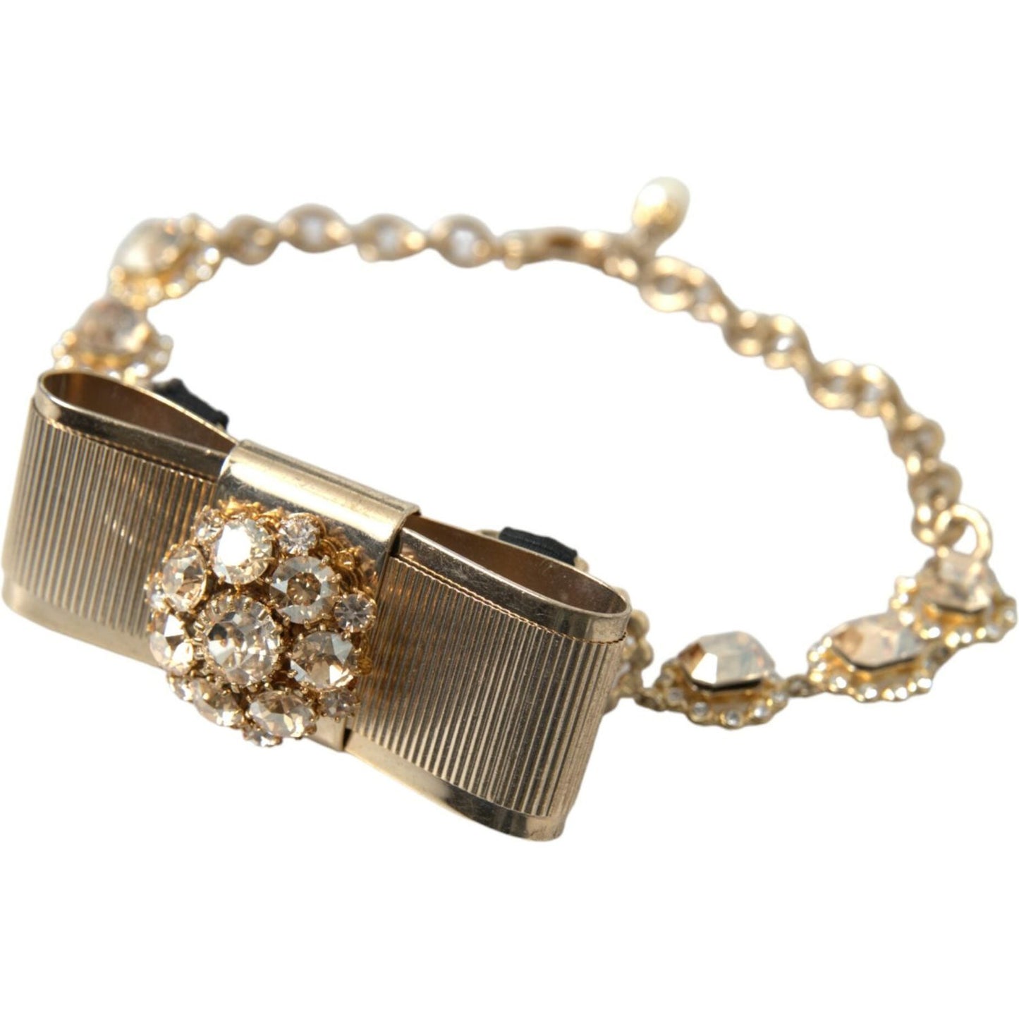 Dolce & Gabbana Gold Brass Clear Crystal Bow Chain Choker Necklace Necklace Dolce & Gabbana Rosy Brown