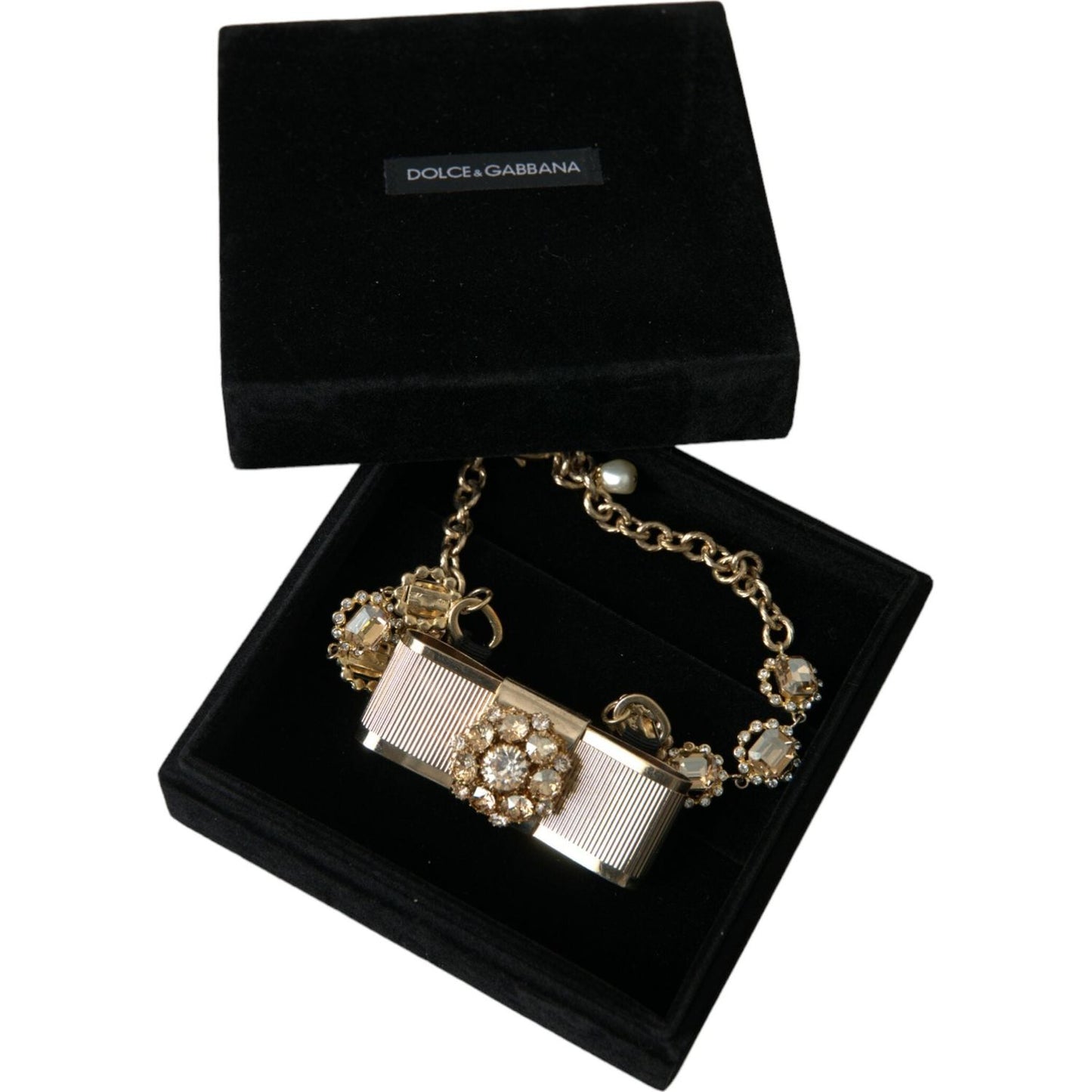 Dolce & Gabbana Gold Brass Clear Crystal Bow Chain Choker Necklace Necklace Dolce & Gabbana Black