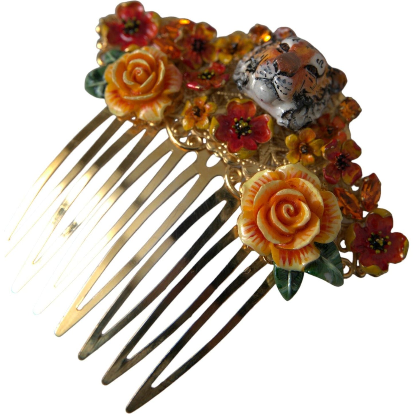 Dolce & Gabbana Gold Brass Crystal Leopard Floral Hair Comb Dolce & Gabbana Saddle Brown