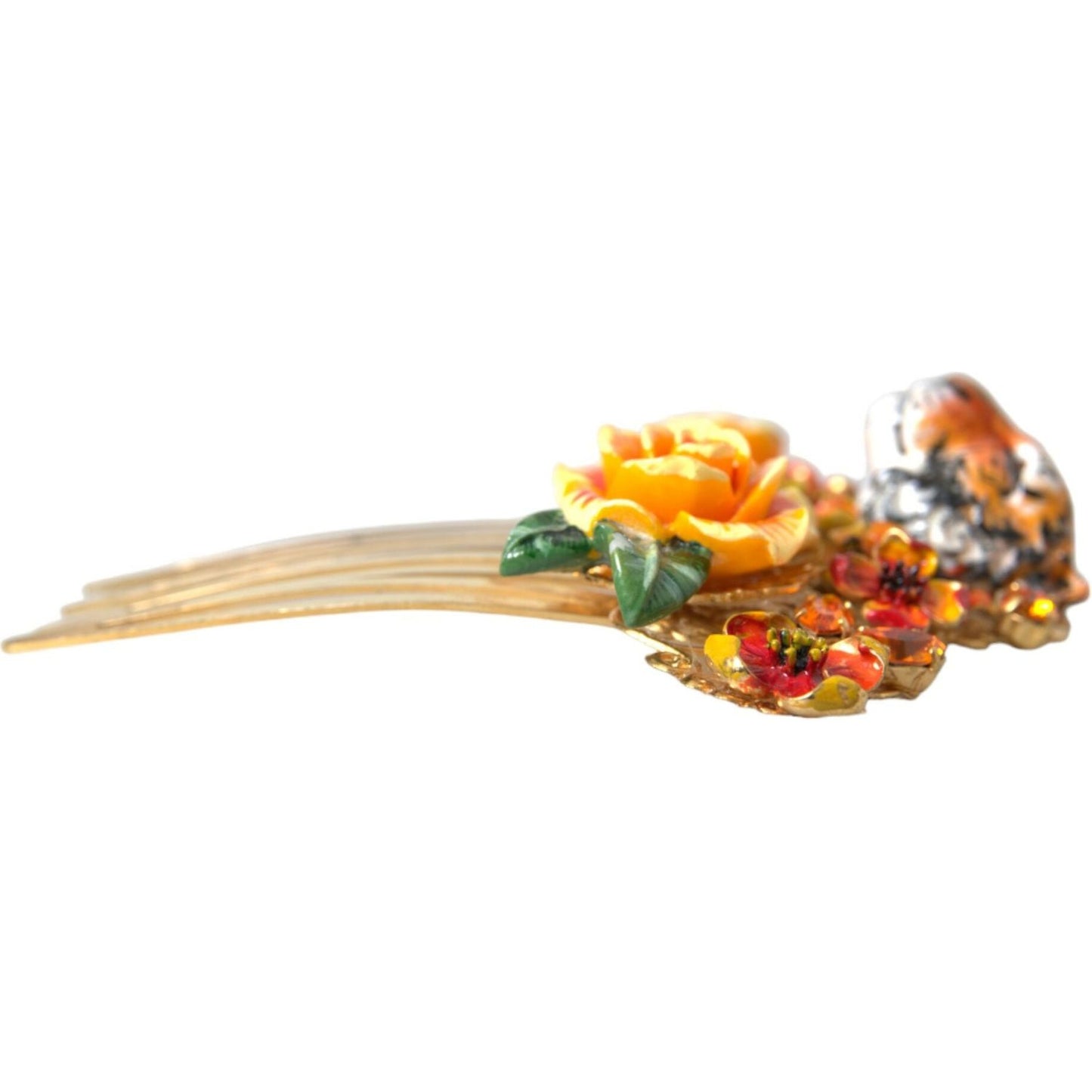 Dolce & Gabbana Gold Brass Crystal Leopard Floral Hair Comb Dolce & Gabbana Dark Khaki