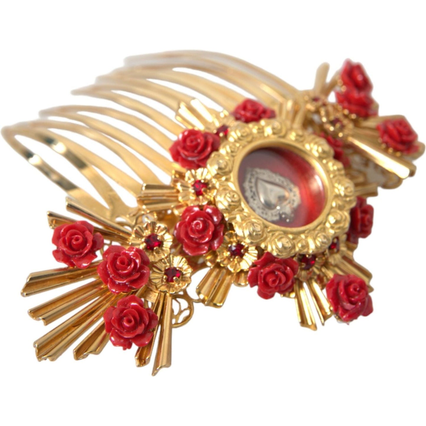 Dolce & Gabbana Gold Brass Crystal Heart Floral Hair Comb Dolce & Gabbana Dark Khaki