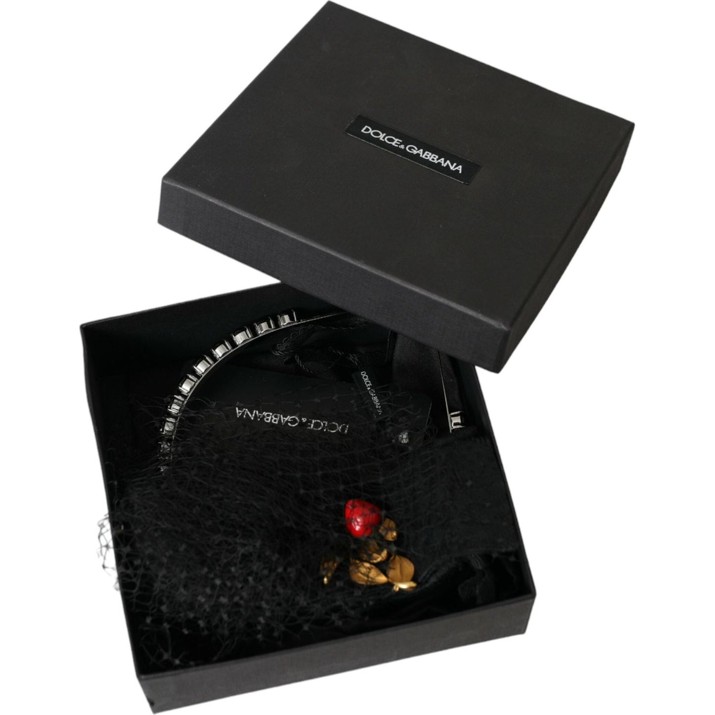 Dolce & Gabbana Black Strawberry Sicily Crystal Mesh Net Headband Diadem Dolce & Gabbana Black