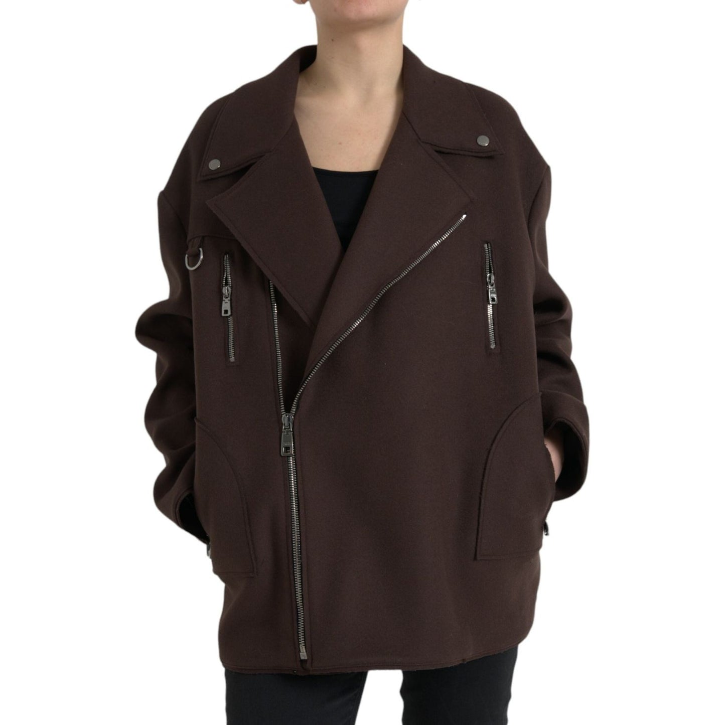 Dolce & Gabbana Brown Coat Short Biker Wool Jacket Dolce & Gabbana Dark Slate Gray