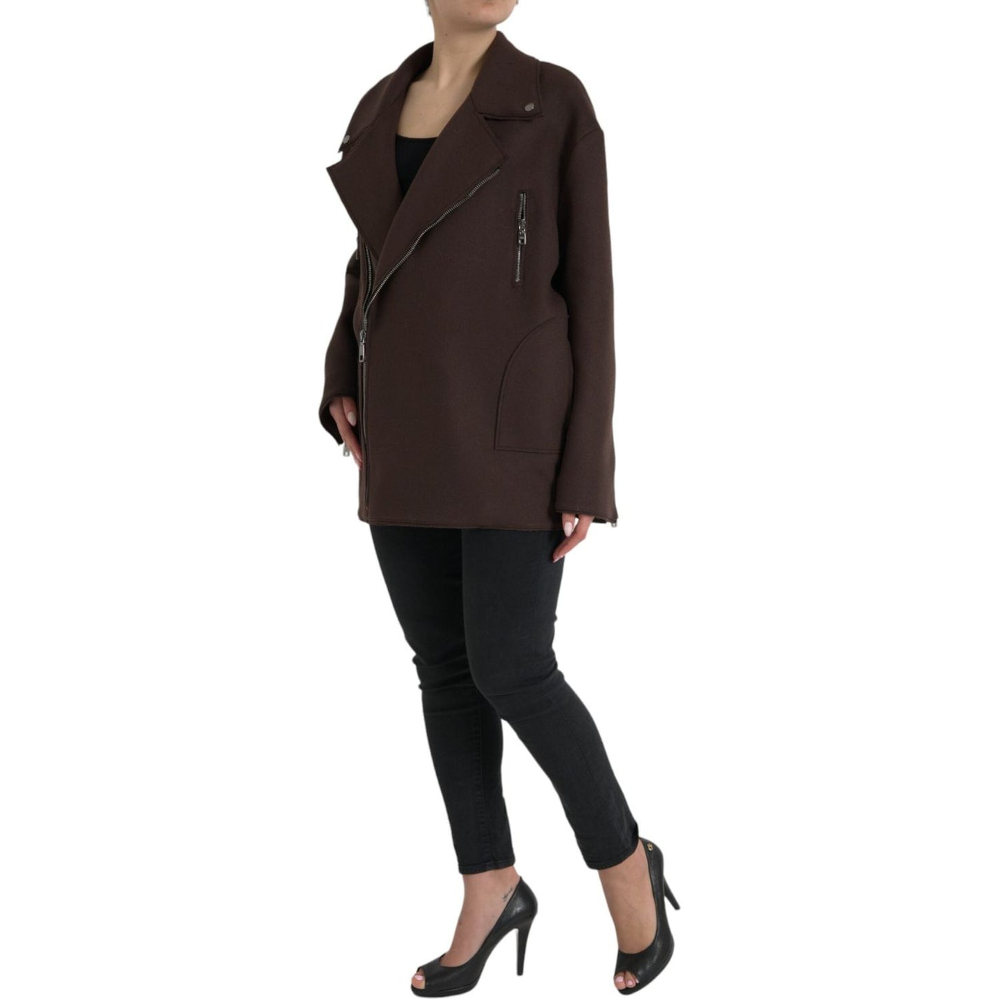 Dolce & Gabbana Brown Coat Short Biker Wool Jacket Dolce & Gabbana Dark Slate Gray