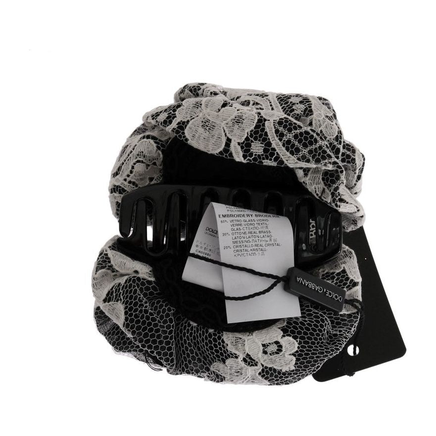Dolce & Gabbana Elegant Black & White Floral Lace Crystal Hair Claw Dolce & Gabbana Dark Gray