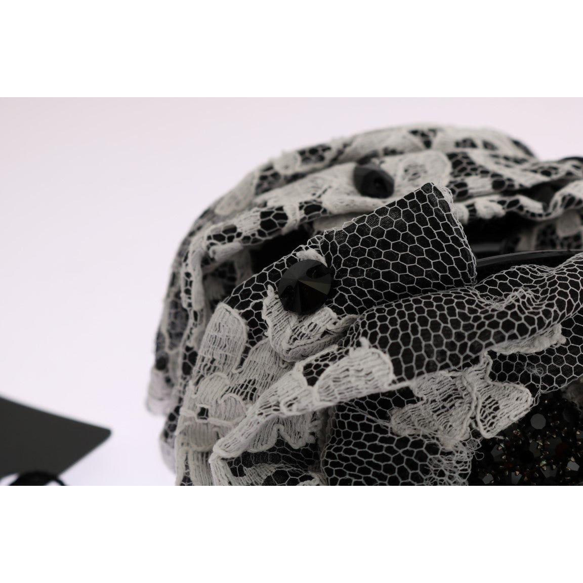 Dolce & Gabbana Elegant Black & White Floral Lace Crystal Hair Claw Dolce & Gabbana Black