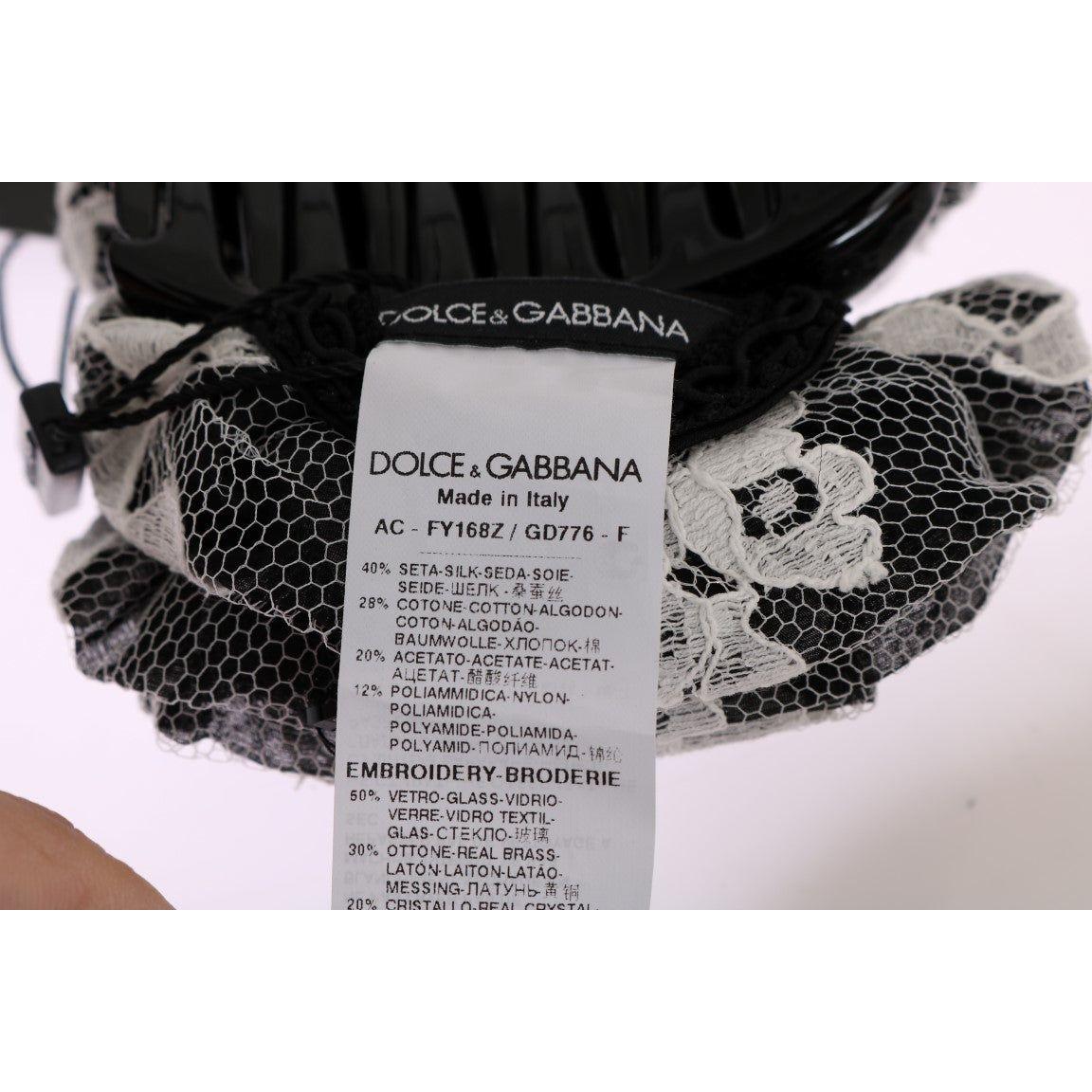 Dolce & Gabbana Elegant Black & White Floral Lace Crystal Hair Claw Dolce & Gabbana Gray