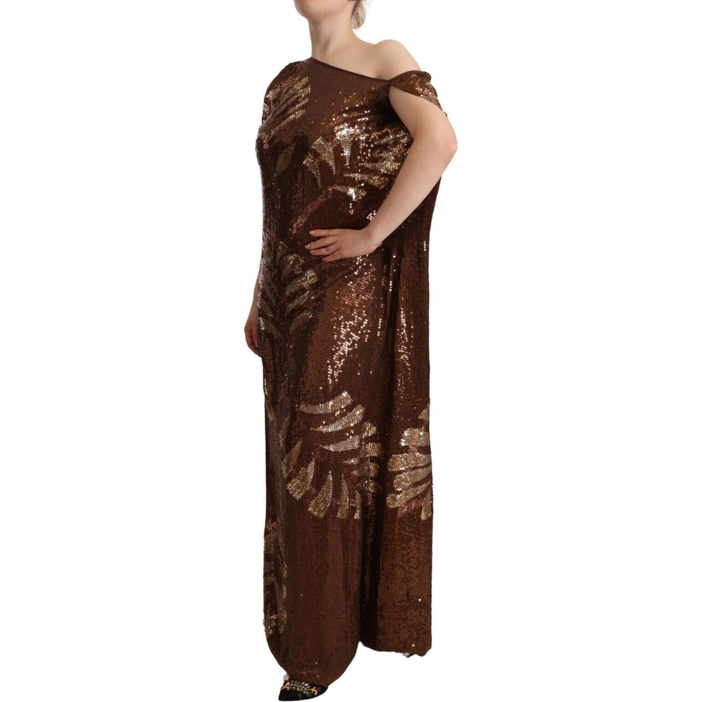 Dsquared² Brown Leaf Sequined Shift One Shoulder Long Dress Dsquared² Black