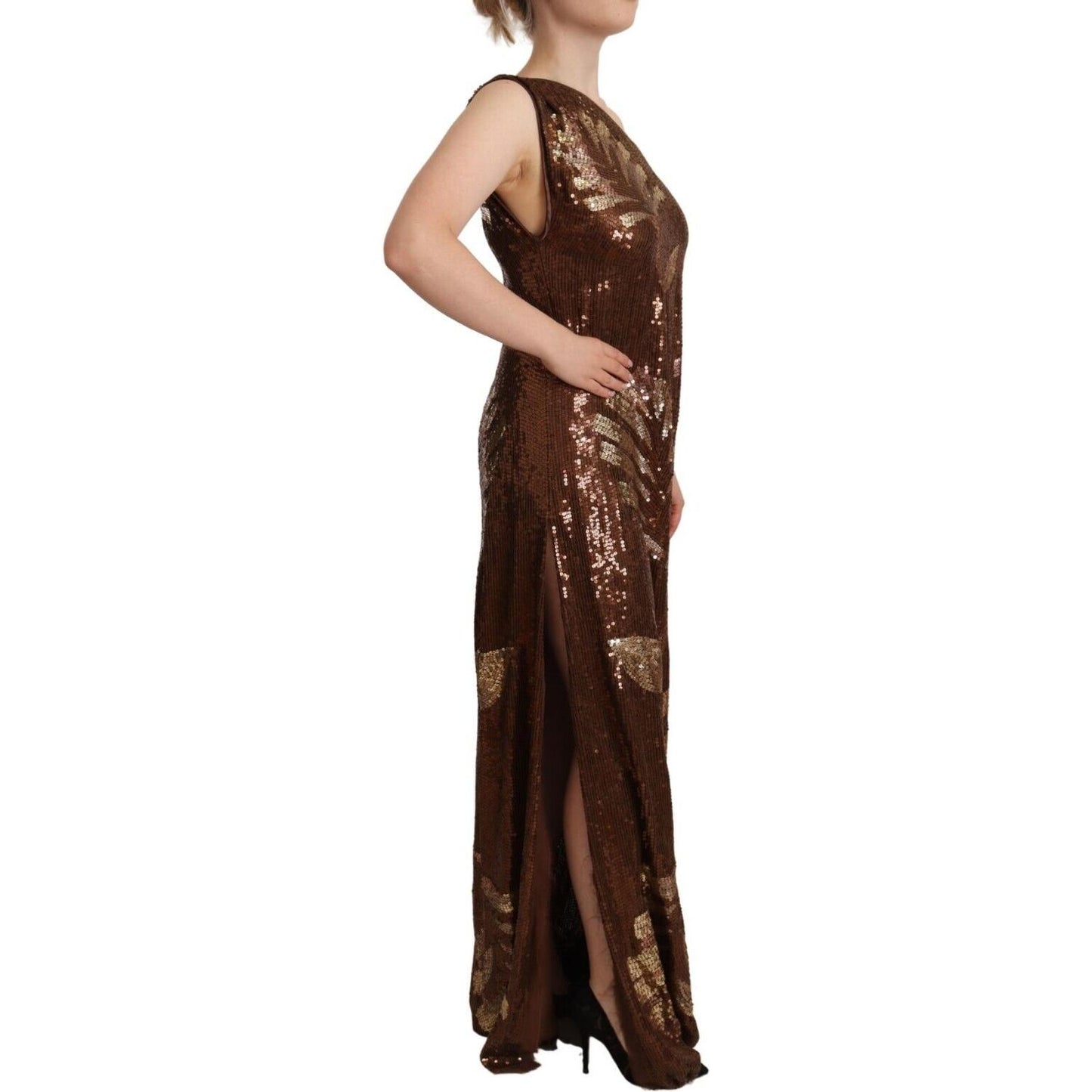 Dsquared² Brown Leaf Sequined Shift One Shoulder Long Dress Dsquared² Black