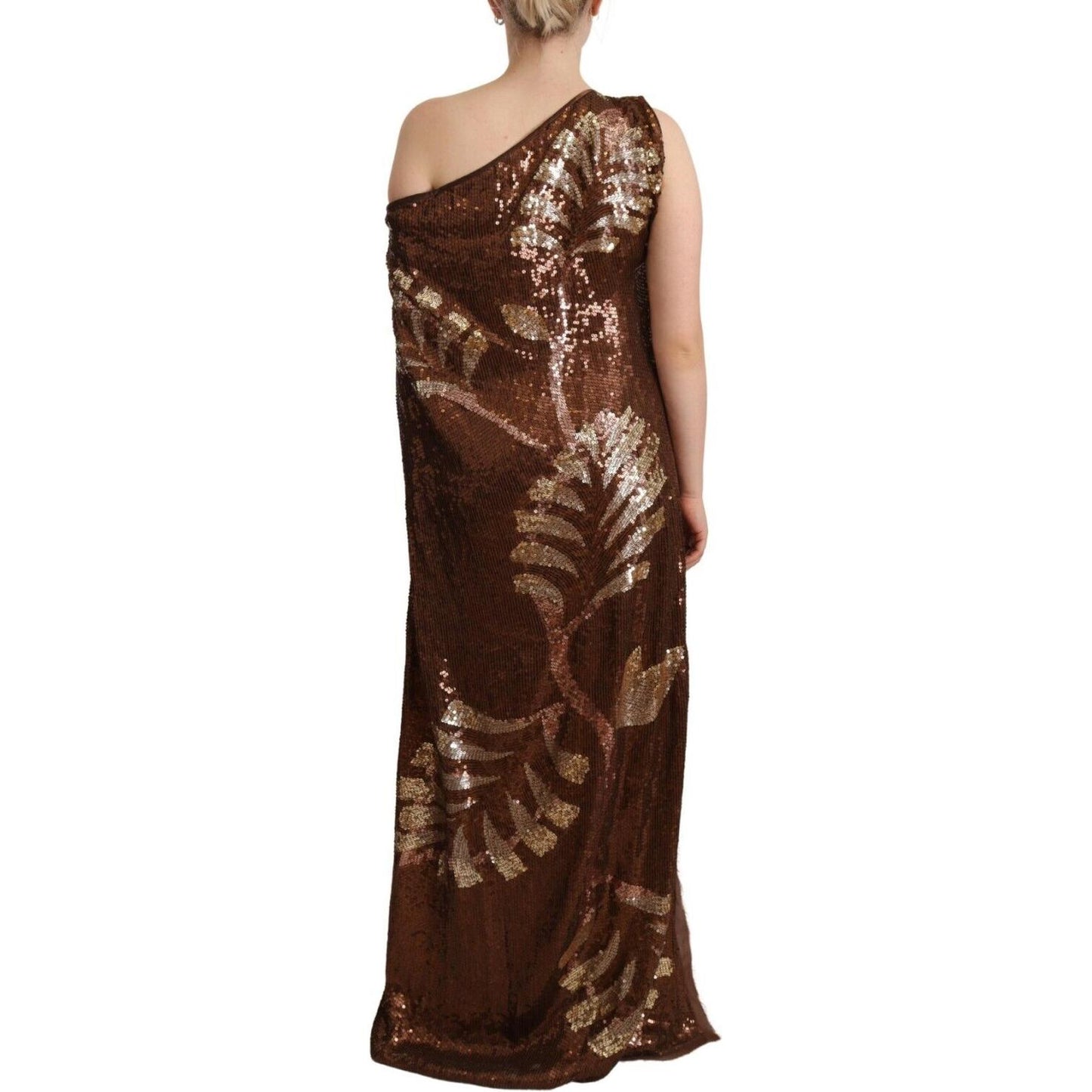 Dsquared² Brown Leaf Sequined Shift One Shoulder Long Dress Dsquared² Dark Slate Gray
