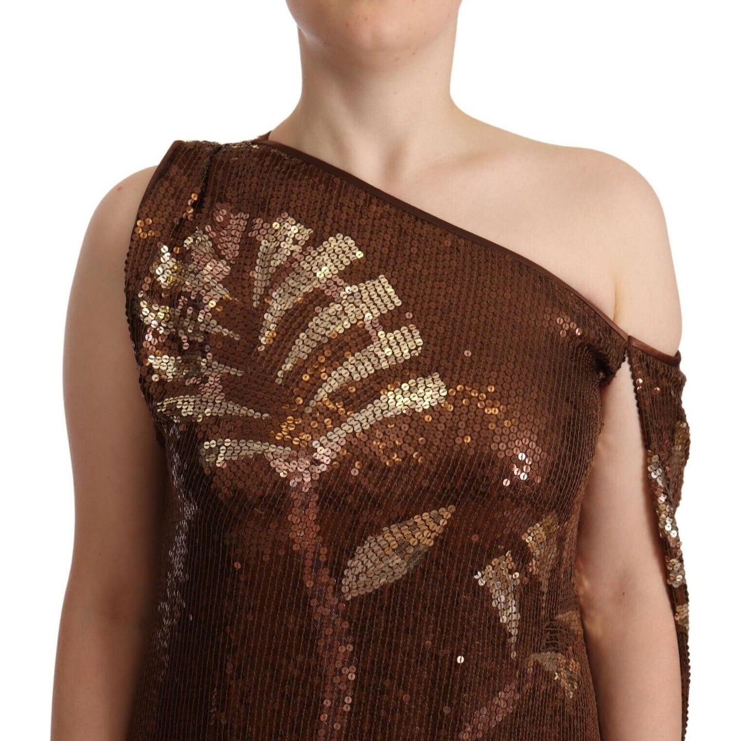 Dsquared² Brown Leaf Sequined Shift One Shoulder Long Dress Dsquared² Dark Slate Gray