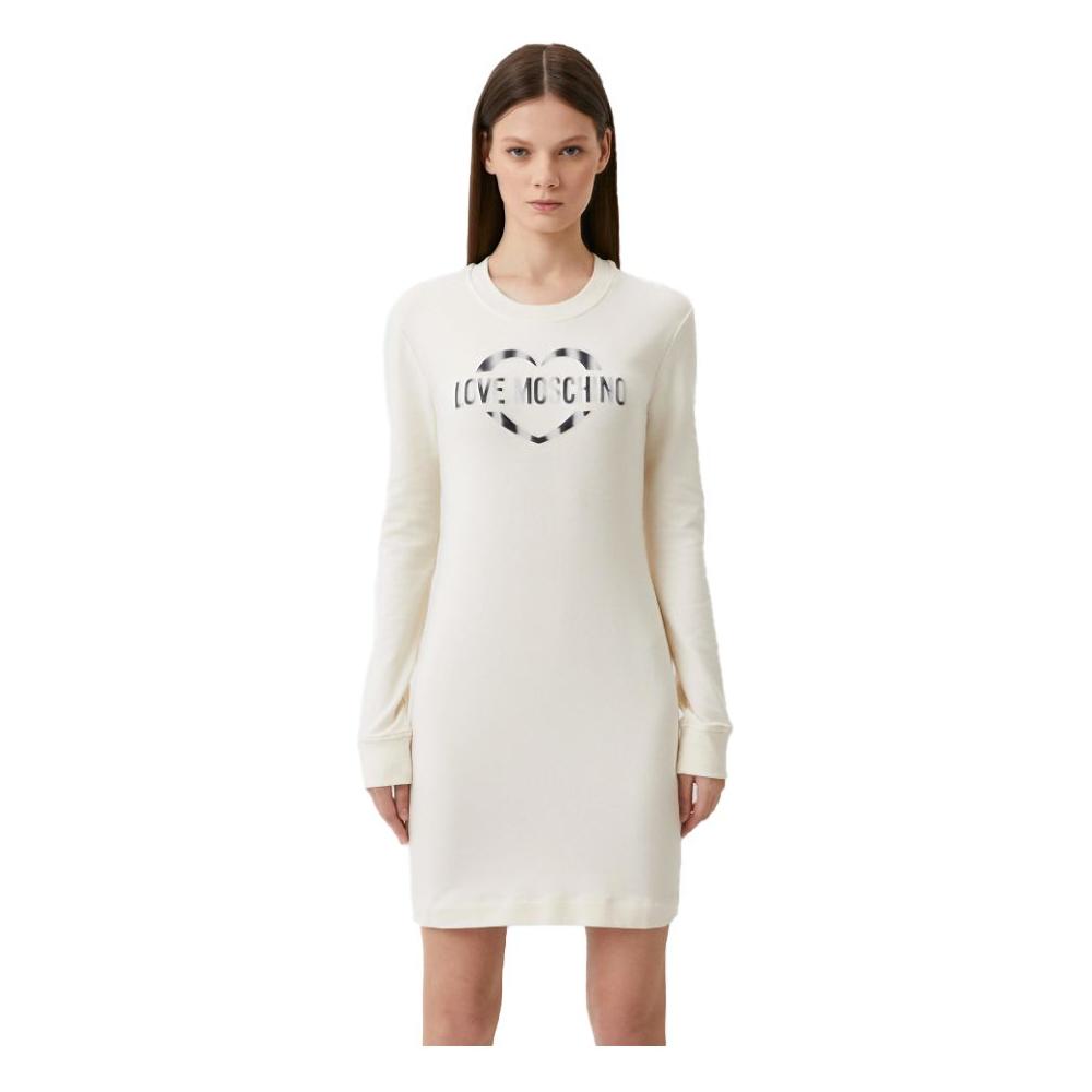 Love Moschino Chic White Cotton Blend Dress with Logo Accent Love Moschino Light Gray