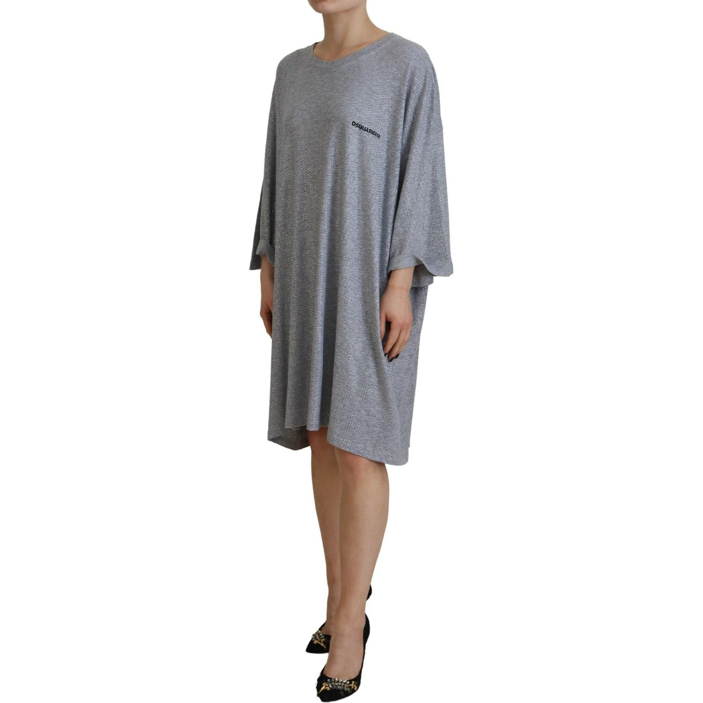 Dsquared² Gray Crystal Embellished Cotton Long Sleeves Dress Dsquared² Dim Gray