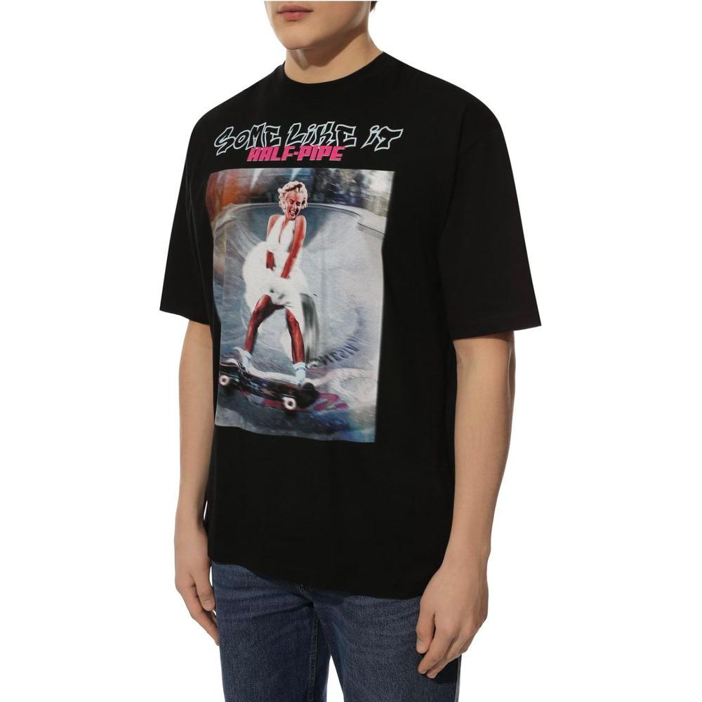 Diego Venturino Sleek Black Cotton T-Shirt with Signature Design Diego Venturino Rosy Brown