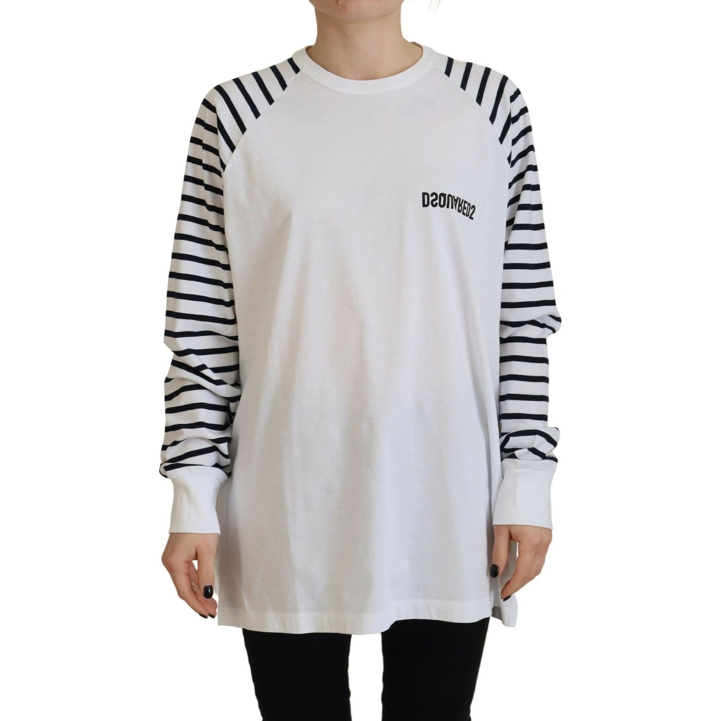 Dsquared² White Cotton Striped Crew Neck Short Sleeve Sweater Dsquared² Gray