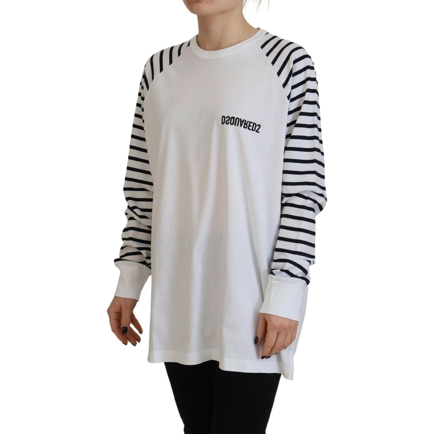 Dsquared² White Cotton Striped Crew Neck Short Sleeve Sweater Dsquared² Gray