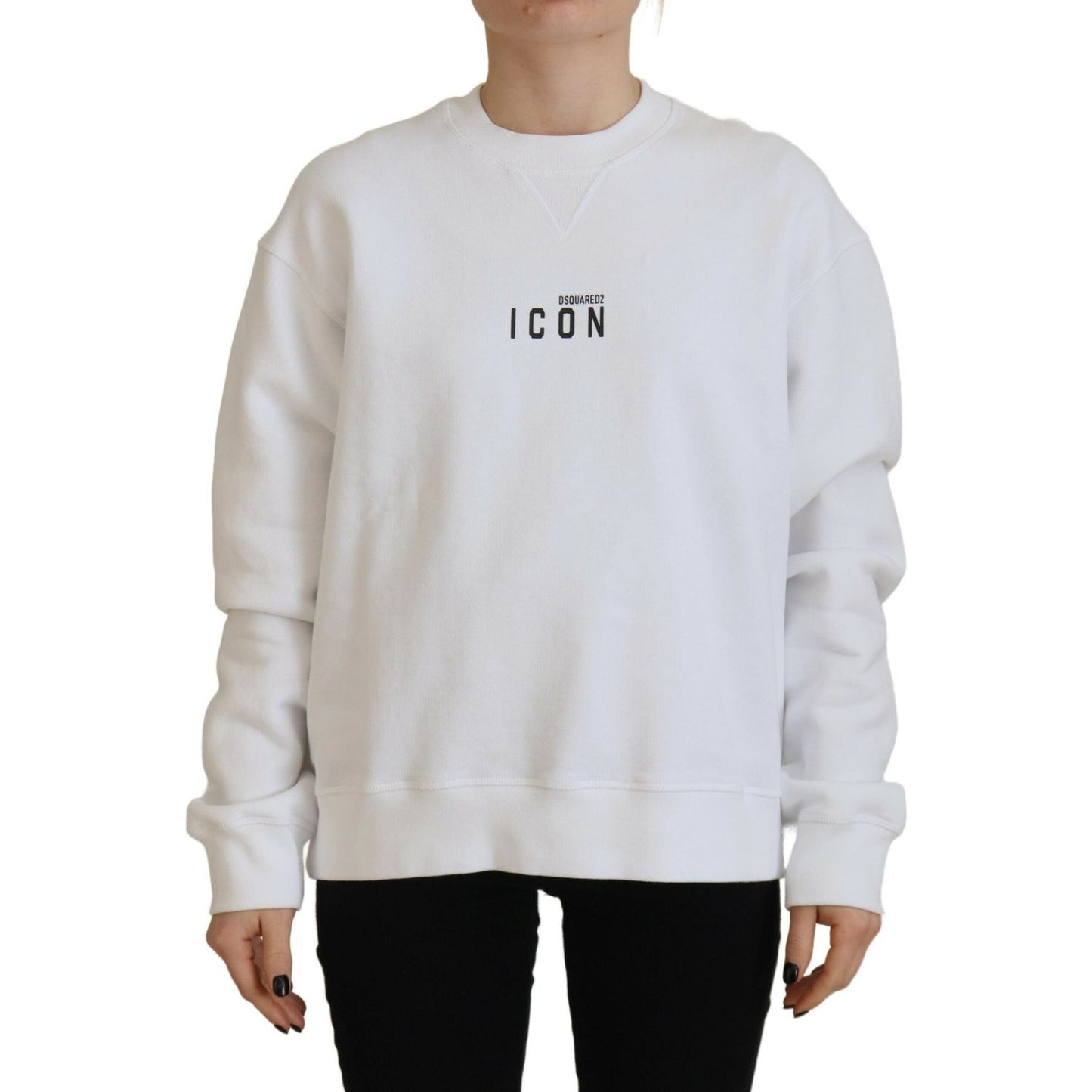 Dsquared² White Cotton Printed Long Sleeve Crew Neck Sweater Dsquared² Light Gray