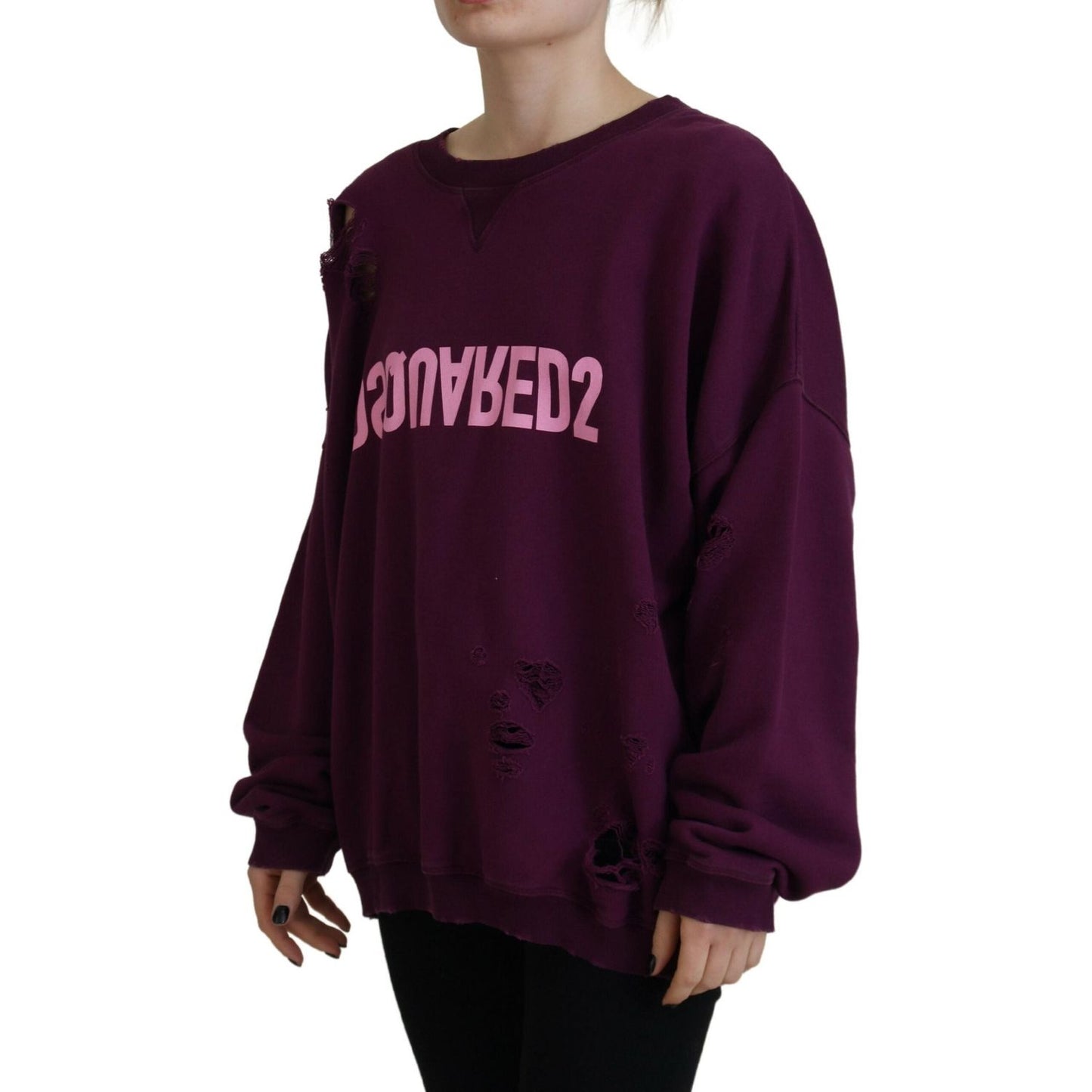 Dsquared² Purple Cotton Distressed Printed Long Sleeve Sweater Dsquared² Black