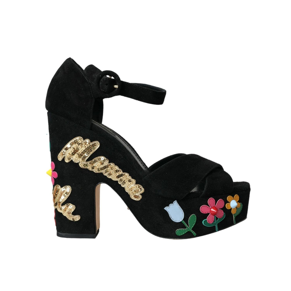 Dolce & Gabbana Black Floral Ankle Strap Heels Sandals Shoes LA10924-39
