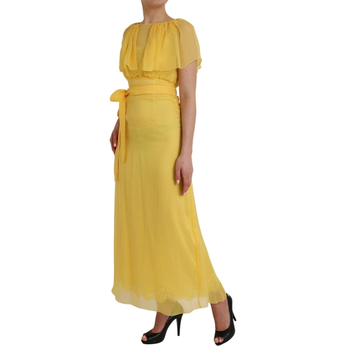 Dolce & Gabbana Yellow Silk Sheath Belted Long Maxi Dress Dolce & Gabbana Dark Khaki